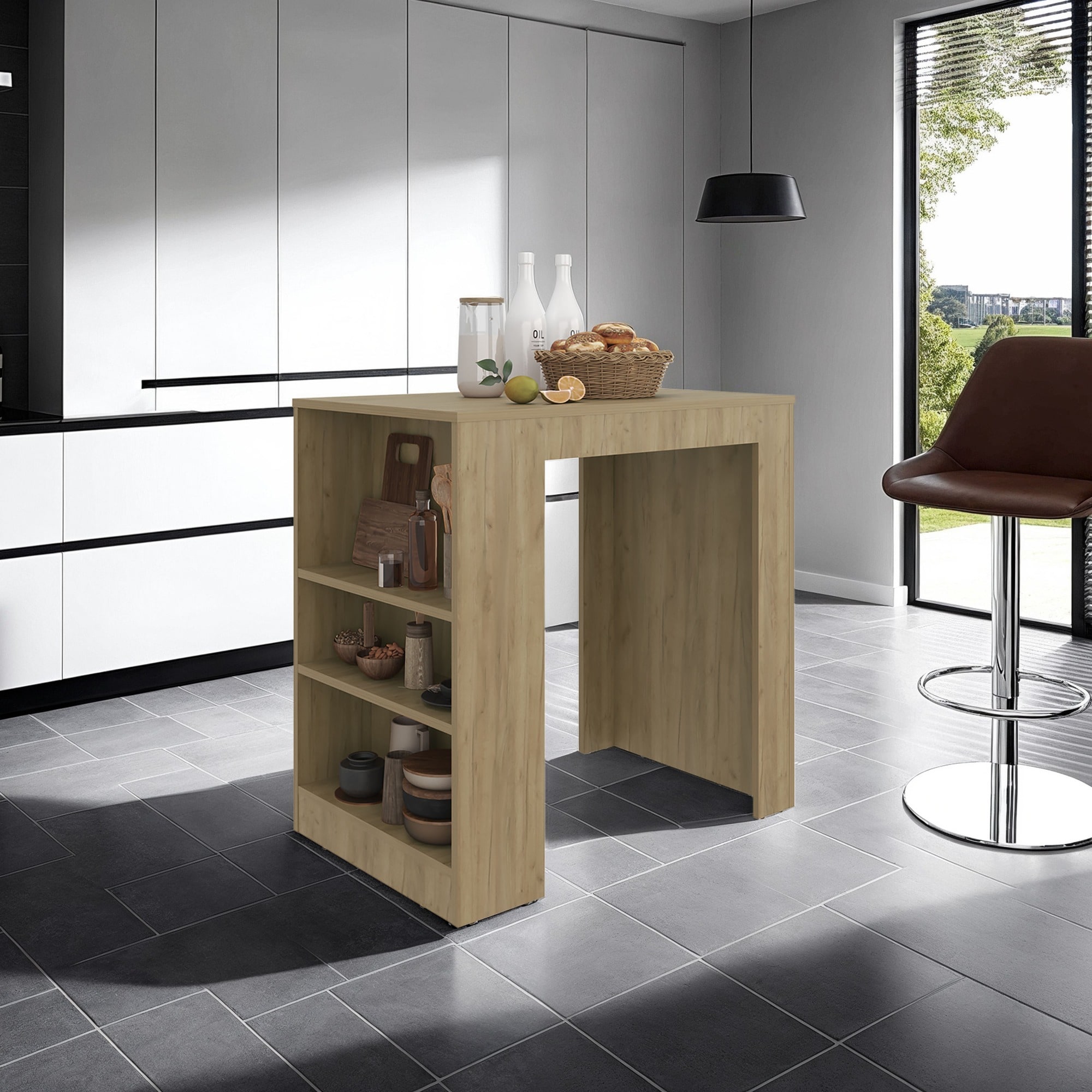 HyperDrop Cart Natural Oak Wooden Kitchen Island Bar Table with Three ...