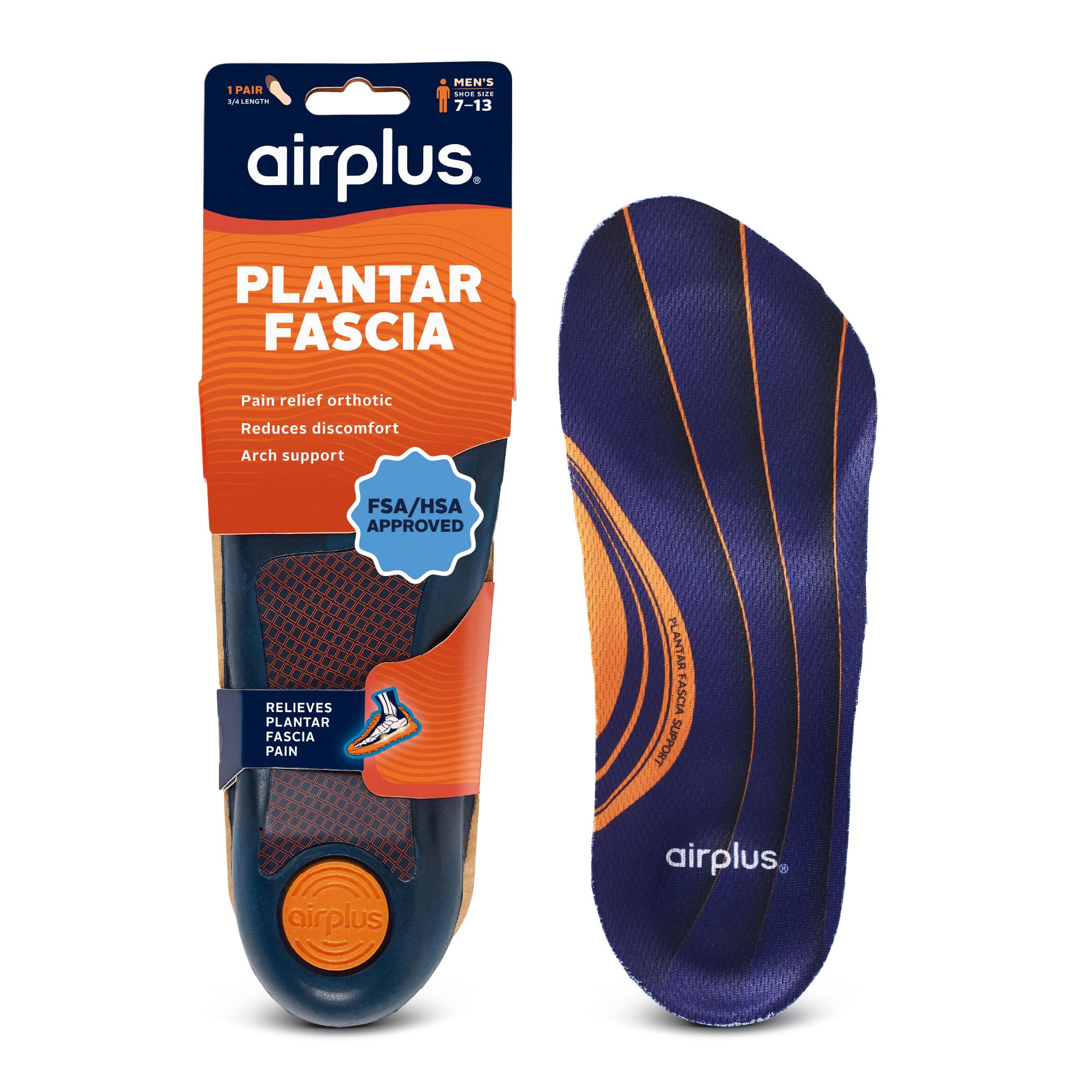 AIRPLUS  Plantar Fascia Orthotic 3/4 Length Shoe Insole (FSA HSA Eligible)-Foam Shell Gel Heel - Deep Heel Cup Full-Foot Arch Support-Soft Cushioning Stability -Fits Most Shoes Boots-Unisex