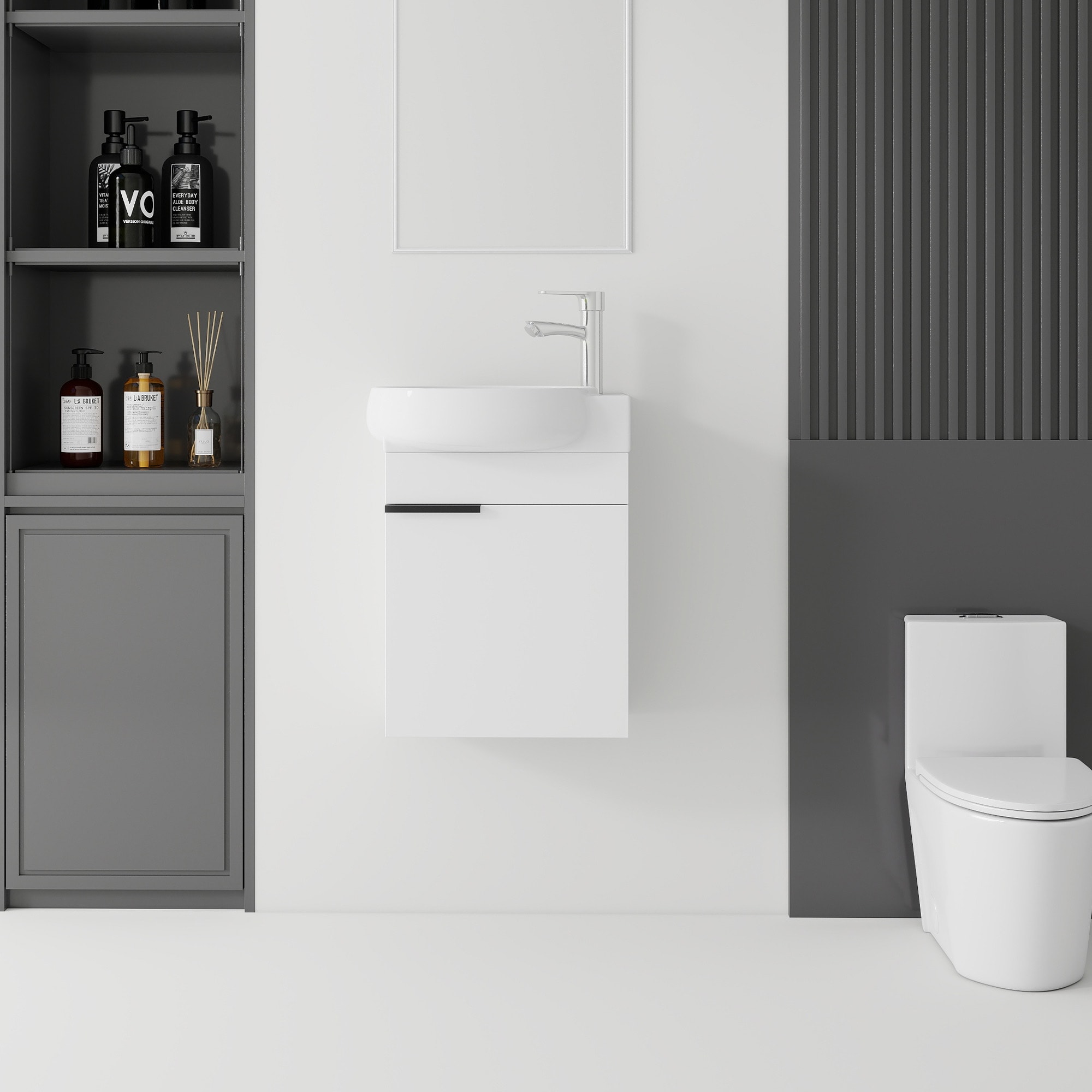 Vynxaria 16-in White Wall-Mount Narrow 1-Door Single-Sink Bathroom Vanity with Integrated White Ceramic Sink