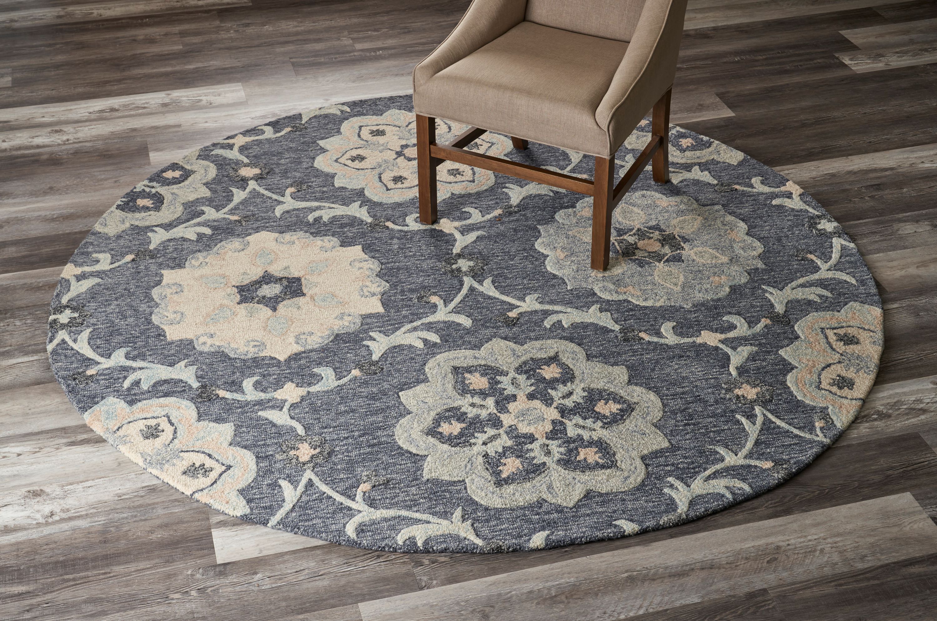 Hand-Tufted Victorian Floral Medallion Gray Wool 58" Round Area Rug