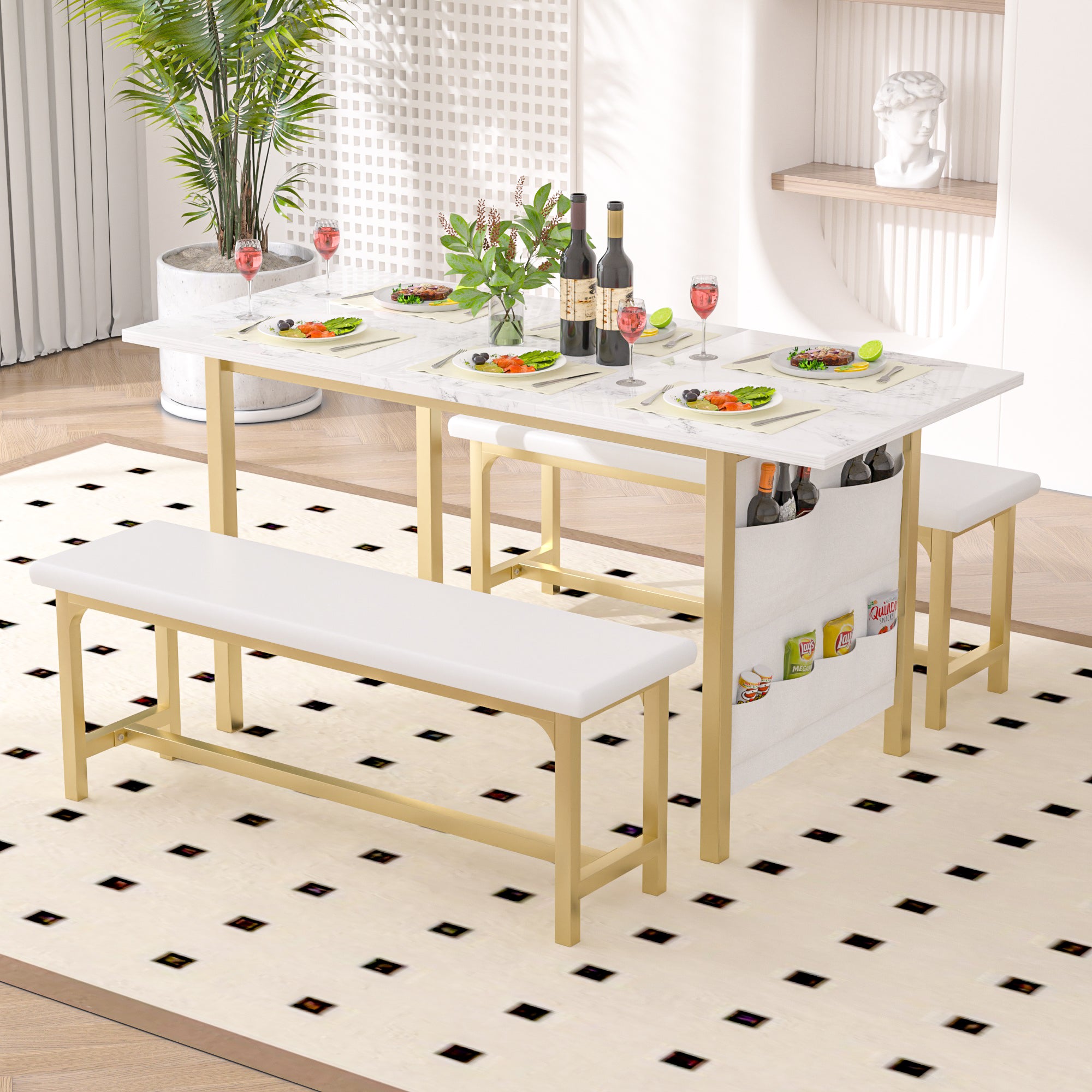 Vecelo LOE-TC17-WHT Rectangular Expandable Dining Table Set Wood Kitchen Table with Bench Space Saving Kitchen Furniture Set for 6 or 8 People
