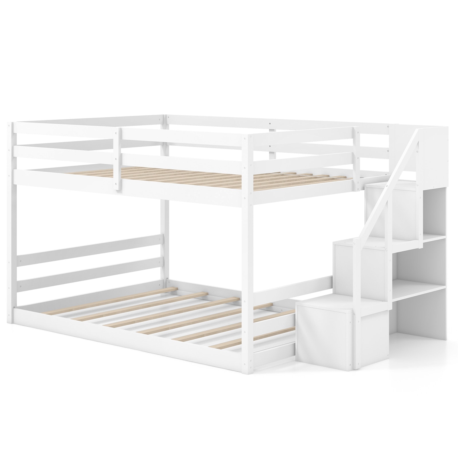 SUGIFT Solid Wood Full Over Full Low Bunk Bed with Storage Staircase Handrail 200-lb Upper 250-lb Lower Capacity for Shared Bedroom - White