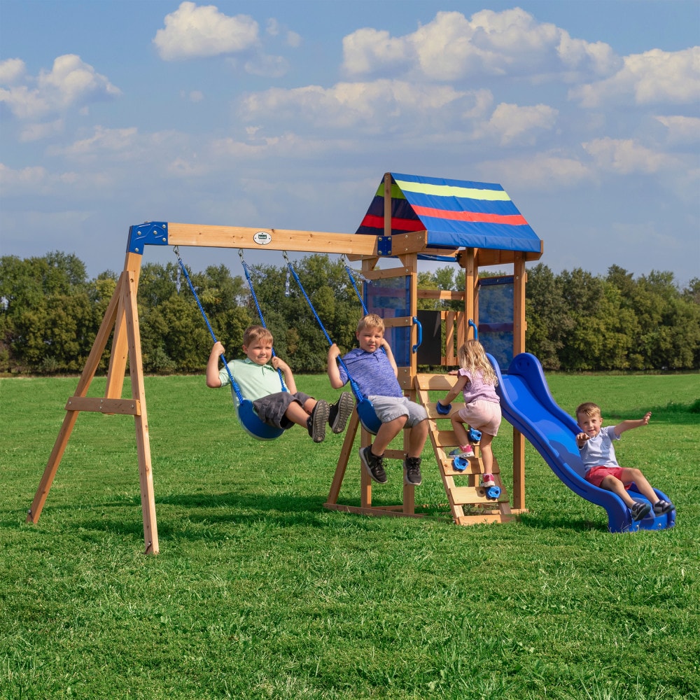 Backyard Discovery 2200128COM Bay Pointe Residential Wood Playset with 2 Swings and Slide Included