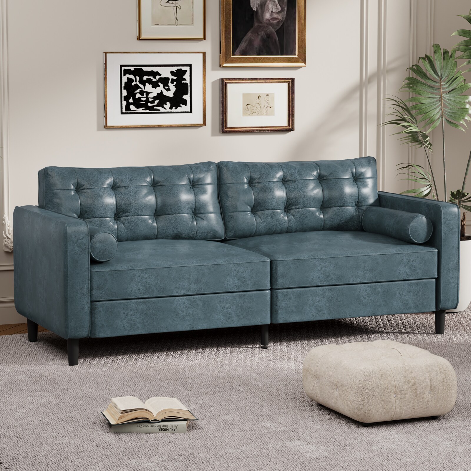 AECOJOY  84.2-Inch 3-Seater Vintage Couch with 2 Bolster Pillows