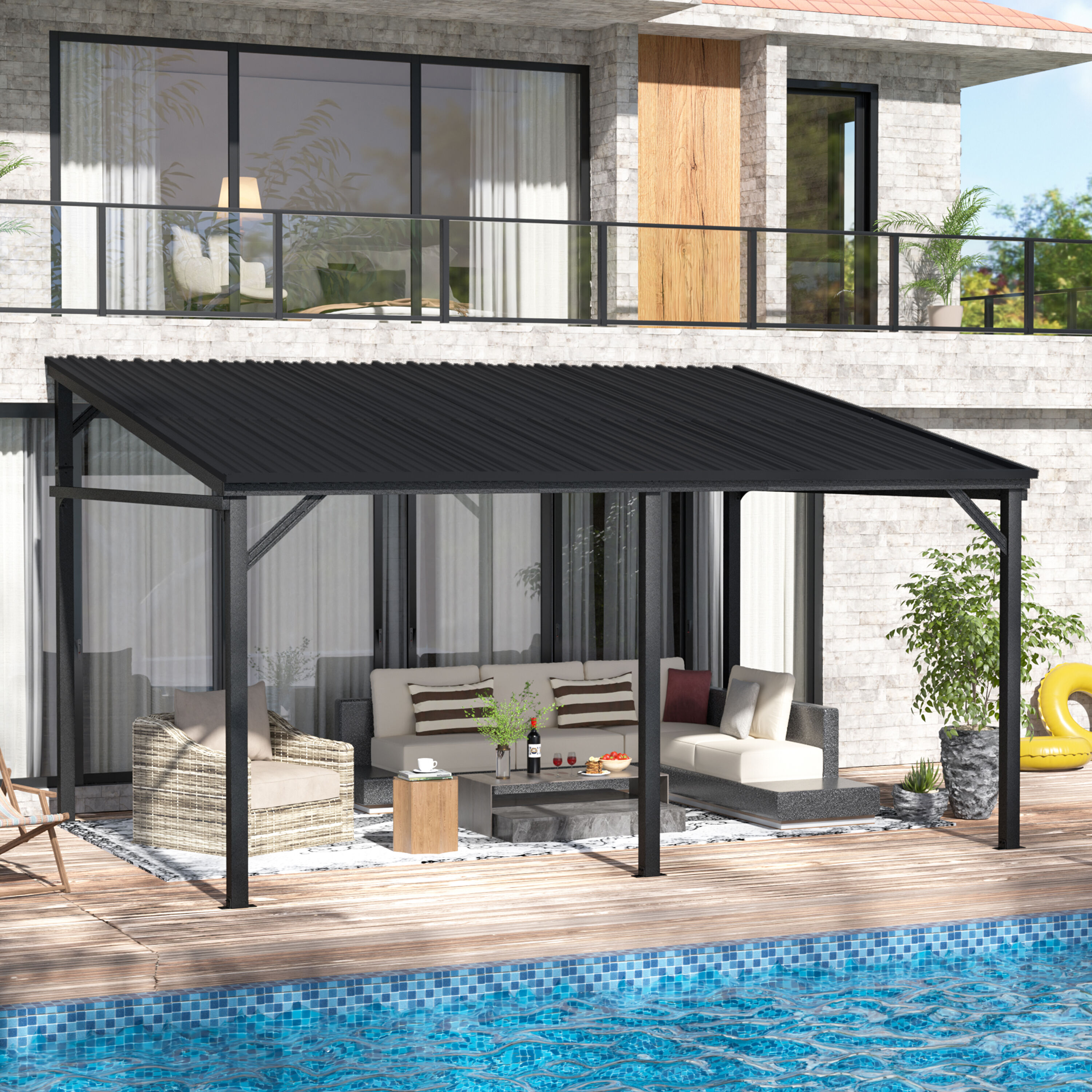 VEIKOUS PG0202-1216-CW1 8-ft 8-in H Black Metal Attached Pergola with Canopy