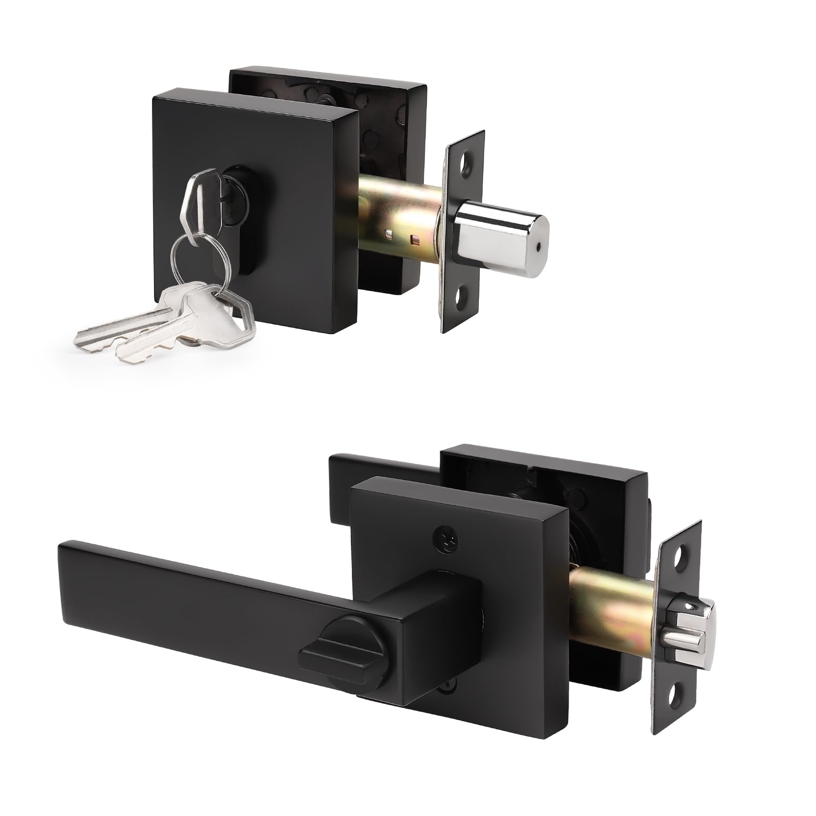SenQWFa Heavy Duty Exterior Door Knob with Double Cylinder Deadbolt Solid Steel Square Entry Door Handle Lever Matte Black Finish One Pack #LDC0820C517