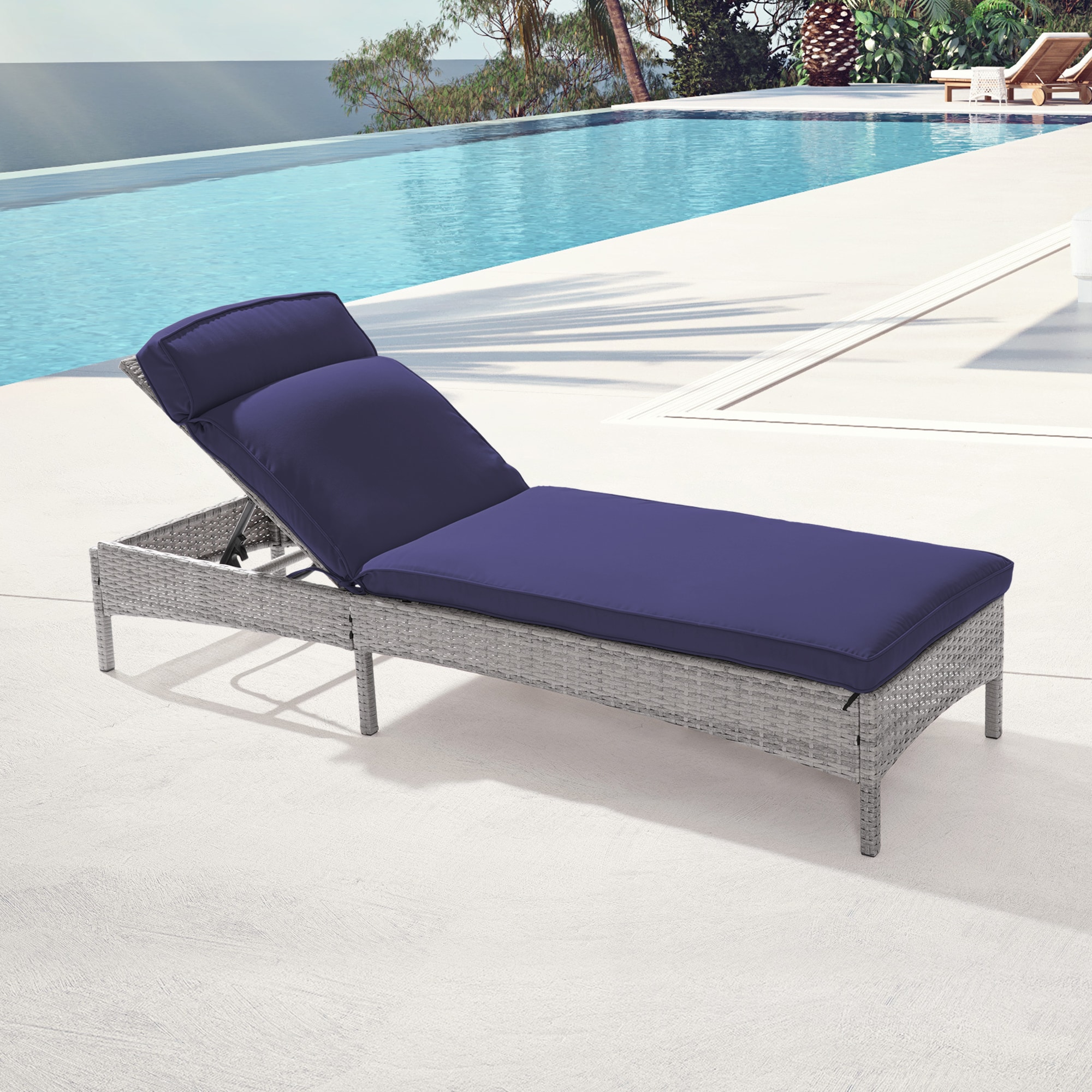 Sonkuki SD-LC-723-NY Chaise Lounges Wicker Navy Blue Steel Frame Stationary Chaise Lounge Chair with Navy Cushioned Seat