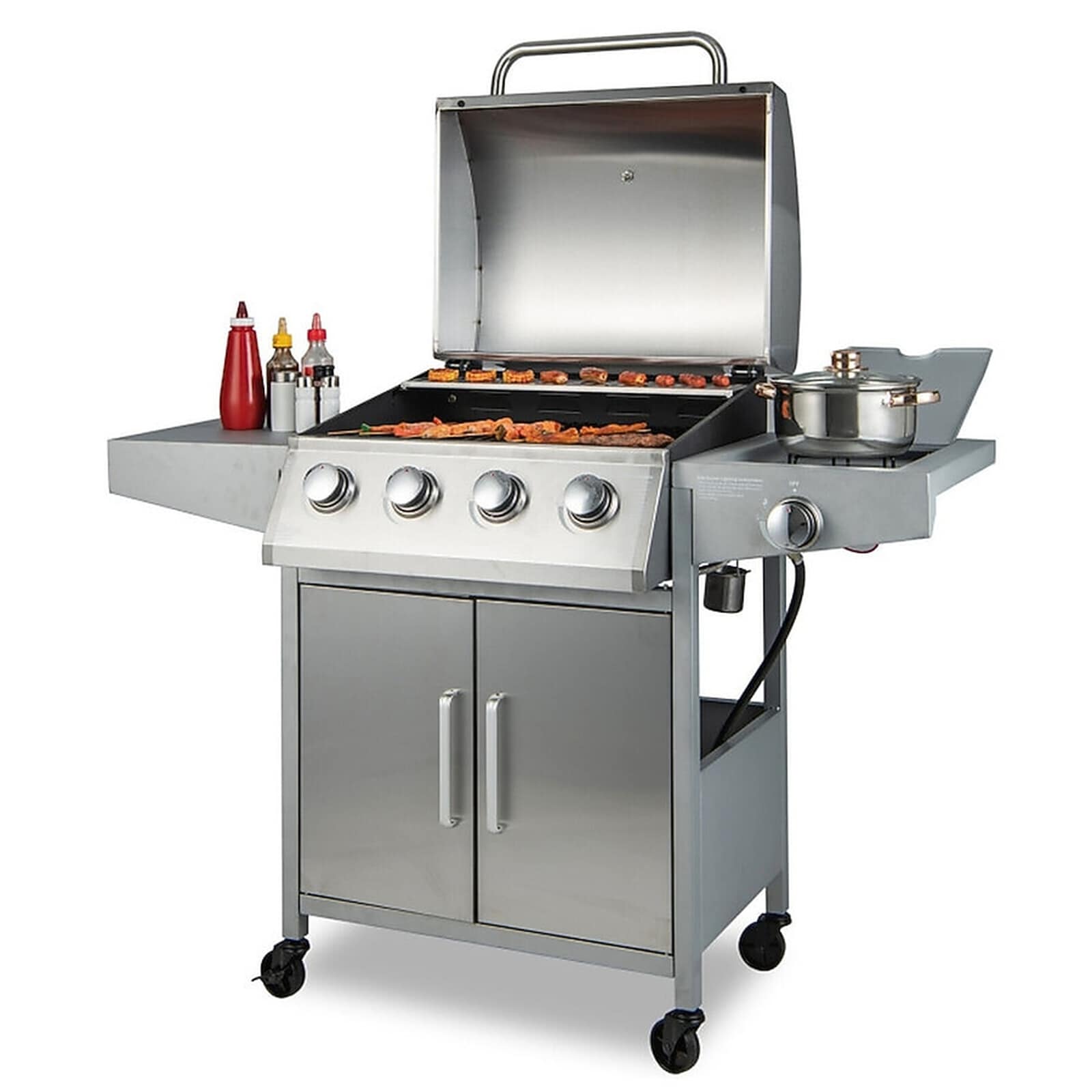 MELLCOM 50000-BTU 5-Burner Propane Gas Grill with Side Burner 2 Prep Tables Warming Rack 4 Universal Wheels Electronic Ignition Stainless Steel Silver