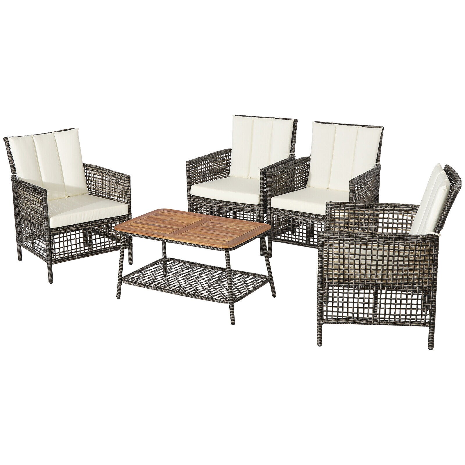 WELLFOR OUS70243WH+ 5 -Piece Rattan Patio Conversation Set with Off-white Cushions