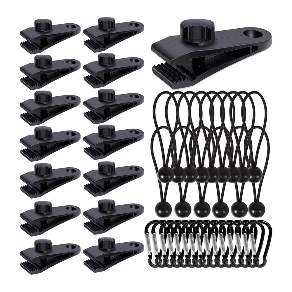 Etokfoks  Heavy Duty Lock Grip Tarp Clips Set 45 Pack with Carabiner Clips Bungee Cords Adjustable Spiral Thumb Screws PA Material