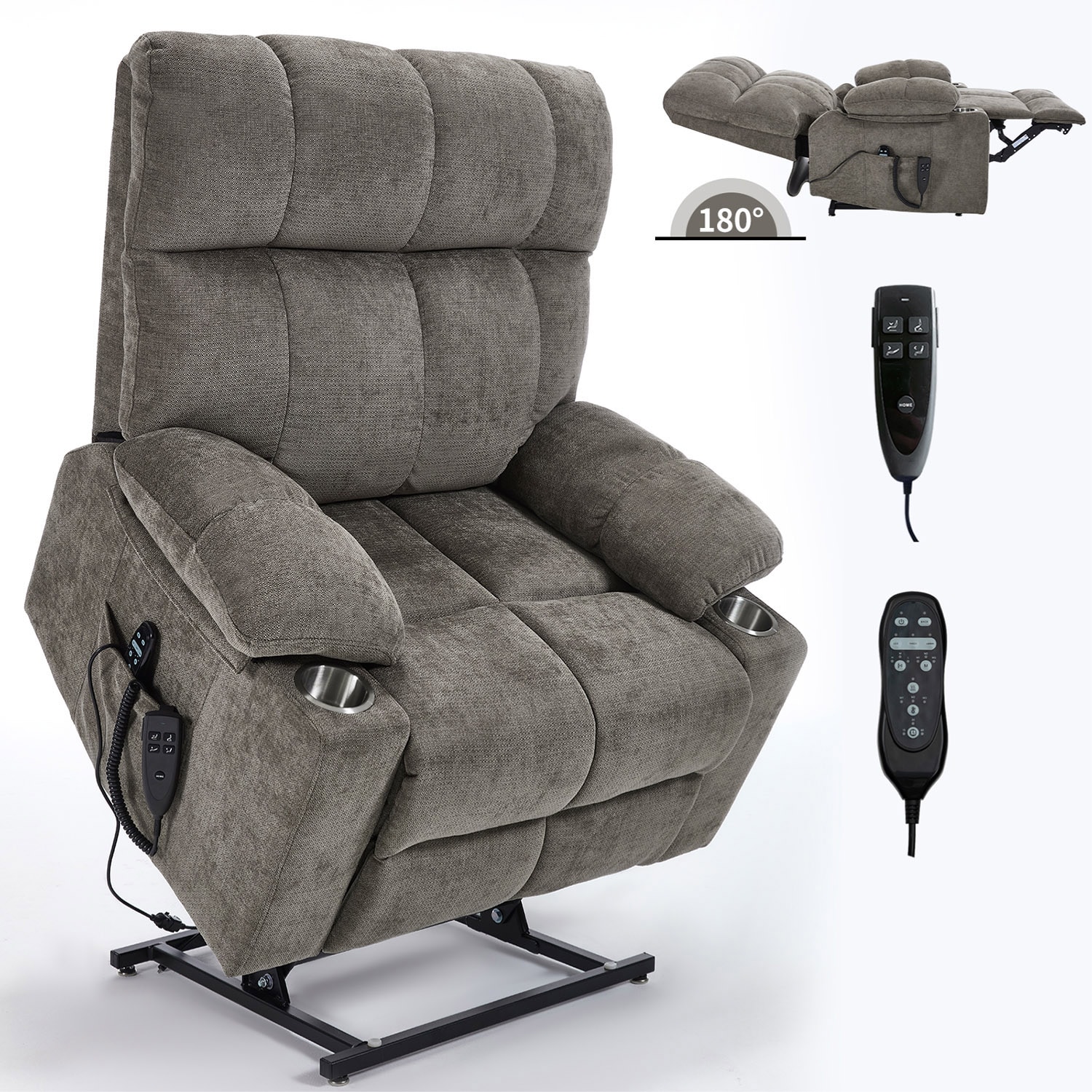 GZMR GZ-CX1803S34 Up to 350 LBS Chenille Power Lift Recliner Chair Gray-Brown Chenille Upholstered Powered Reclining Massage chair with Lift Assistance