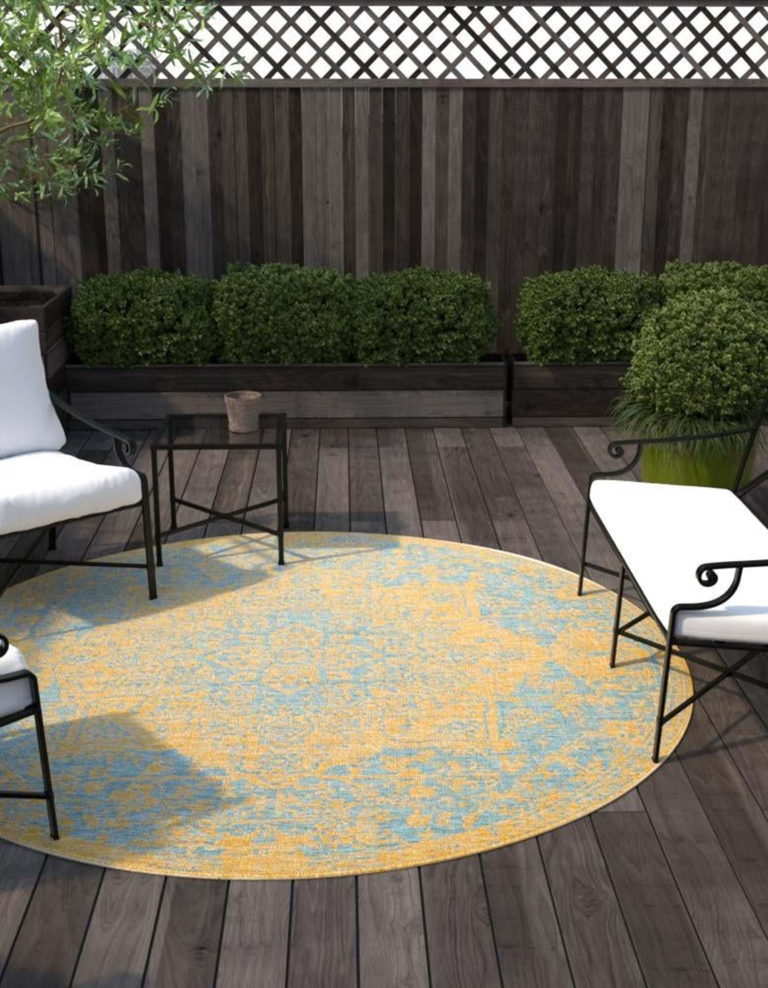 Unique Loom 3180872 Jill Zarin Outdoor 3 x 3 (ft) Loomed Polypropylene Yellow and Aqua Round Indoor/Outdoor Medallion Area rug