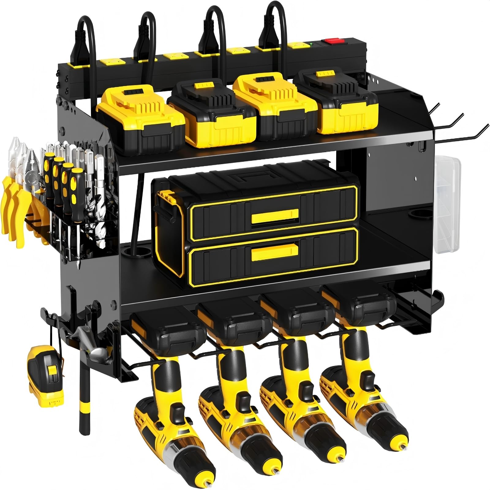 Ahfiwaso  Power Tool Organizer Wall Mount with Charging Station 4 Drill Holder 8 Outlet Power Strip Heavy Duty Tool Rack with Hooks Screwdriver