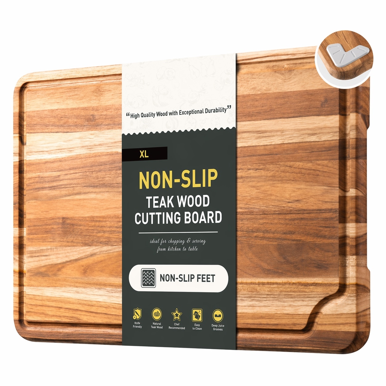 Anqtovp  Teak Wood Cutting Board 17 Inch Large Non Slip Kitchen Chopping Board FSC Certified Durable Wood for Slicing and Serving Easy to Clean