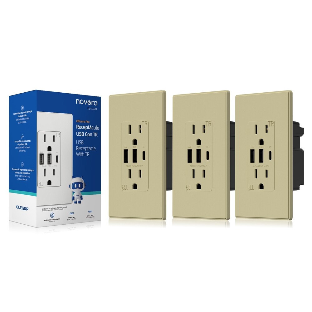 ELEGRP  30W 6.0 Amp 3Port USB Wall Outlet 15A Duplex Receptacle with Dual Type A C Ports UL Listed w Srewless Wall Plate Matte Ivory 3PC