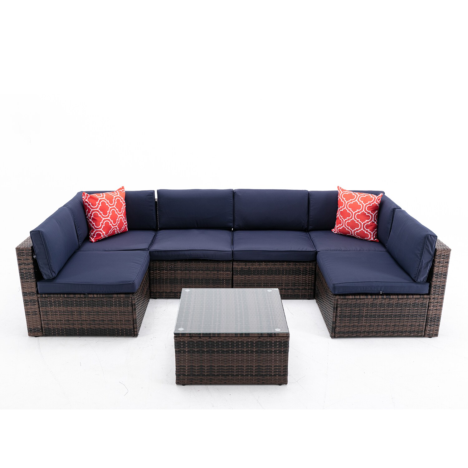 SINOFURN Rattan Outdoor Sectional with Red Cushion(S) and Rattan