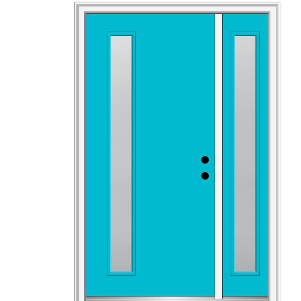 MMI DOOR ZZ349923L Spotlights 50-in x 80-in x 6-9/16-in Fiberglass Pulse lite Left-hand inswing Bahama Blue Painted Prehung Front Door with Right Sidelight with Brickmould Insulating core