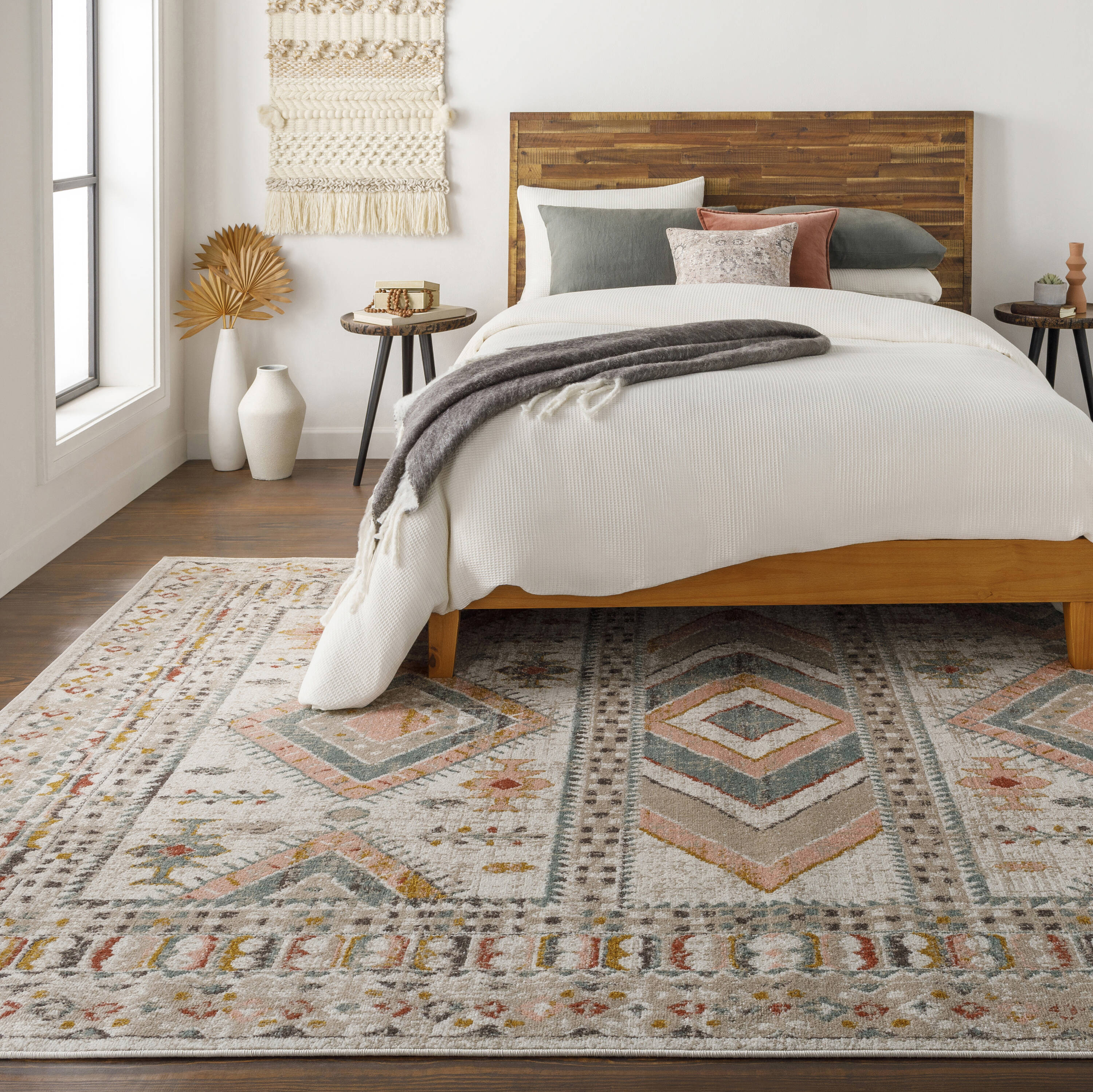 Ivory and Multicolor Synthetic Rectangular Area Rug
