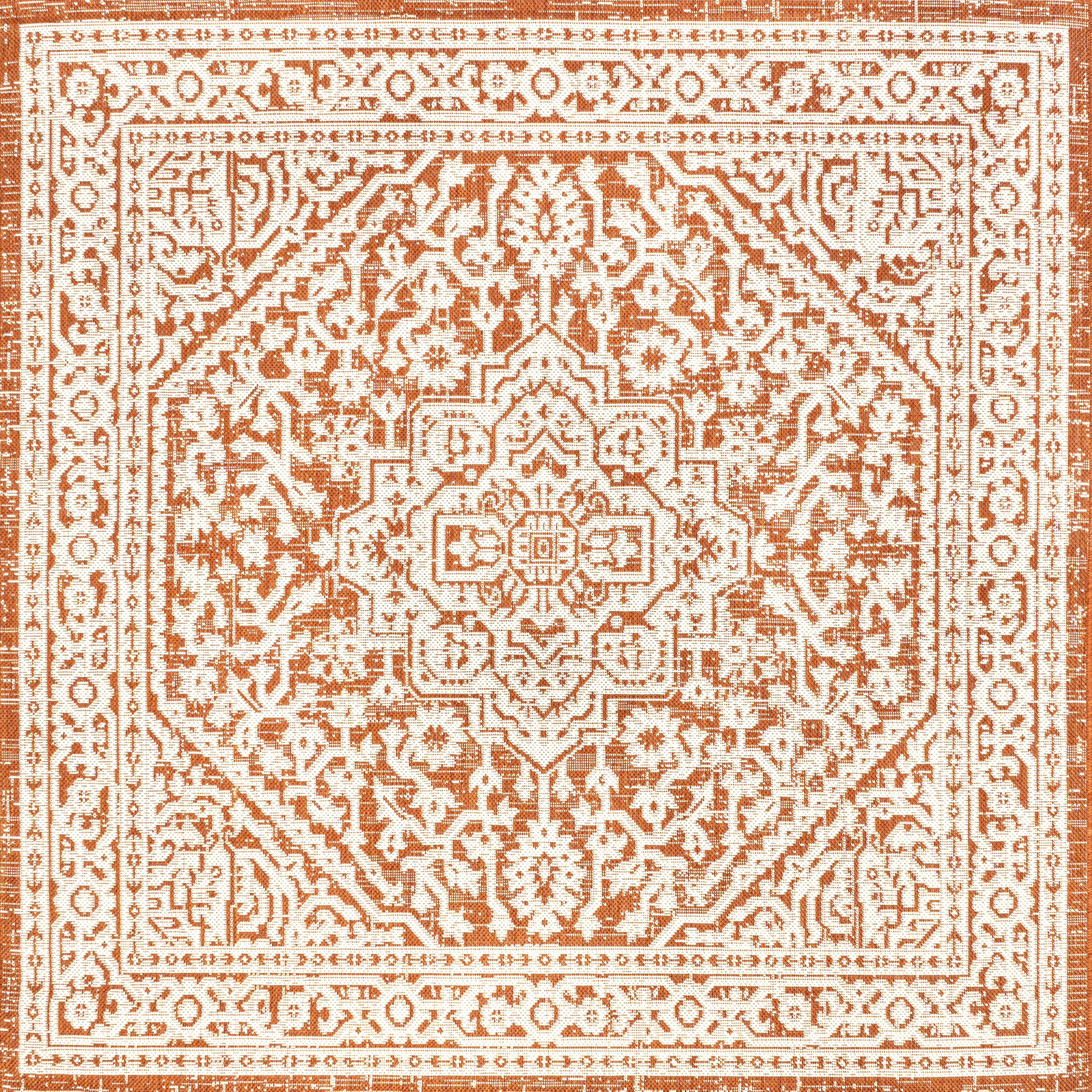 Handmade Orange and Cream Medallion Square Synthetic Rug