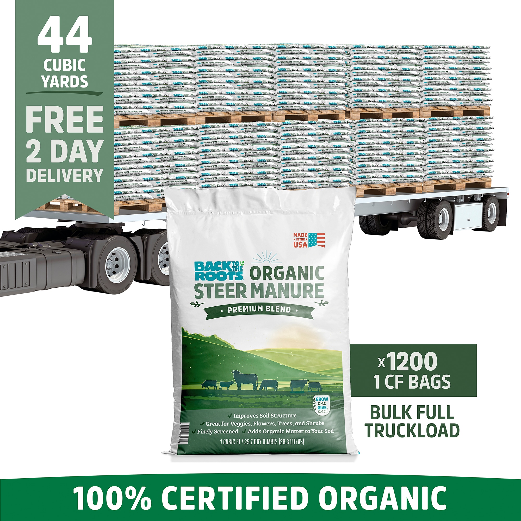 Back to the Roots (1200 1 cu. ft. Bags) Organic Value Bulk Steer Manure Soil Amendment Truckload 1200 Organic Manure Provides organic nutrients #47140-DS