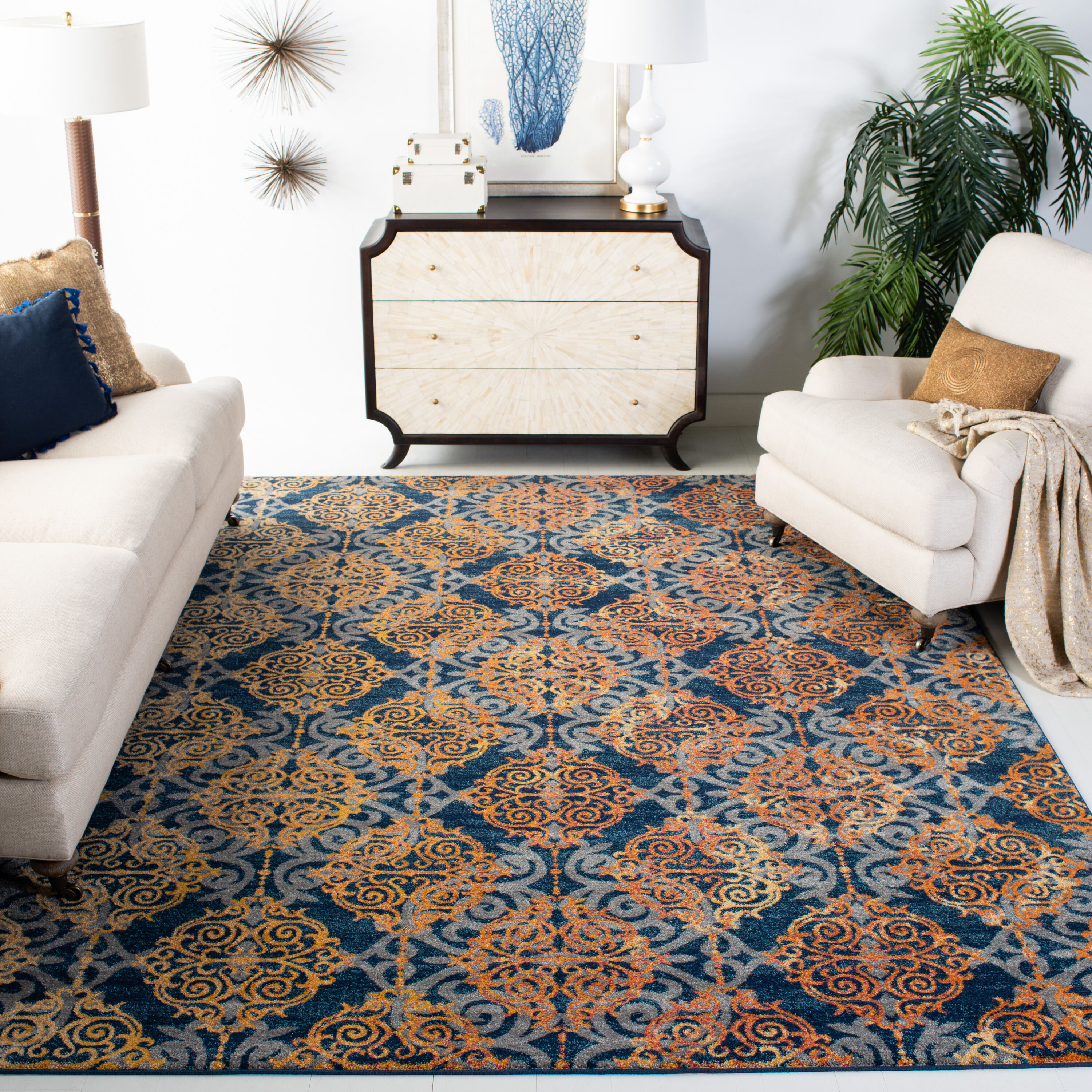 Safavieh EVK230S-8 Evoke Rigby 8 x 10 (ft) Loomed Synthetic Blue/Orange Rectangular Indoor Abstract Bohemian/Eclectic Area rug