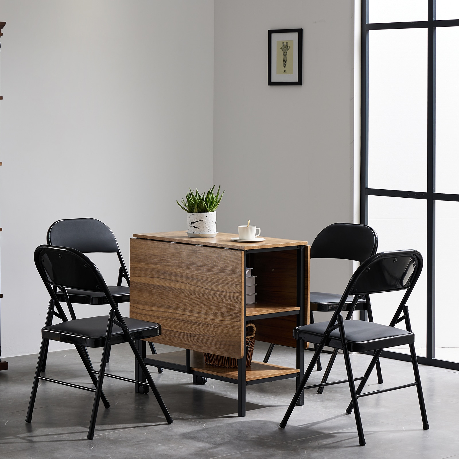 Black Steel Folding Dining Chairs with Padded Seats, Set of 4