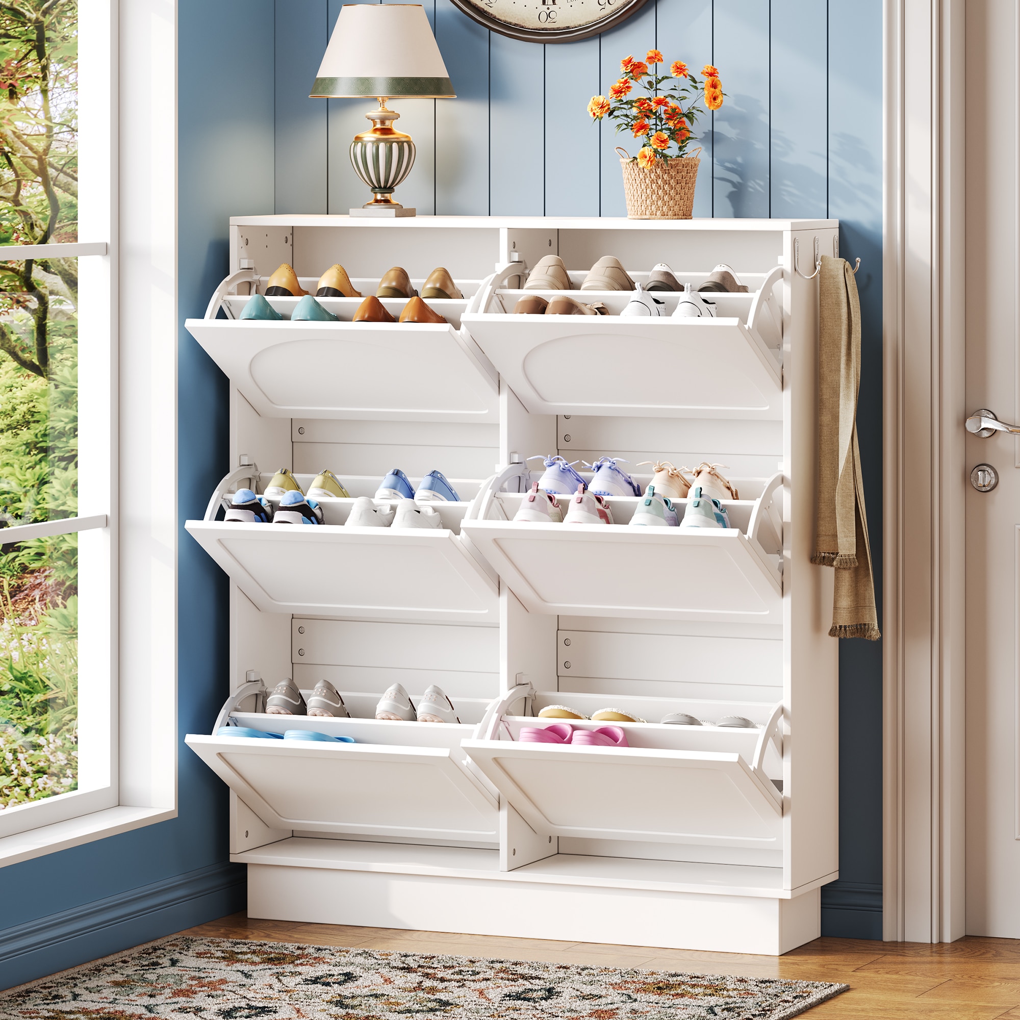 LOVMOR SF-M-N721P288699K Modern Elegant Narrow Tipping Bucket Shoe Cabinet with 6 Flip Drawers Space Saving Design Cream Style Entryway Organizer with Adjustable Shelf Free Standing Shoe Rack with 3 Silvery Hooks  White