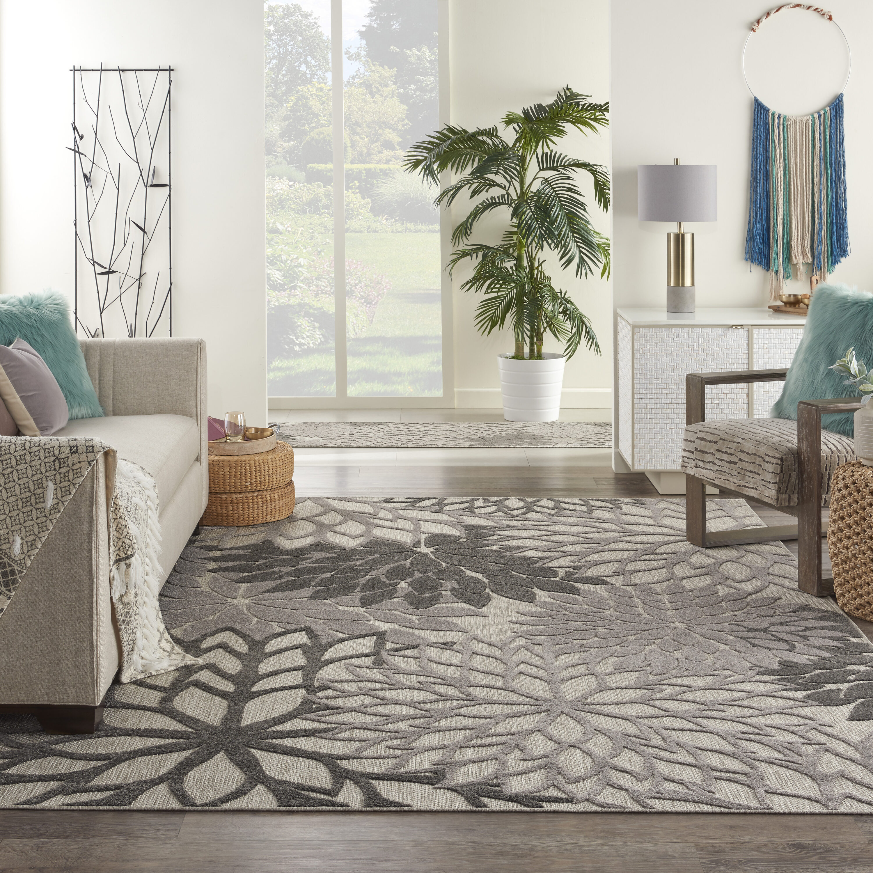 Nourison 99446779151 Aloha 10 x 13 (ft) Loomed Polypropylene Silver grey Rectangular Indoor/Outdoor Tropical Area rug