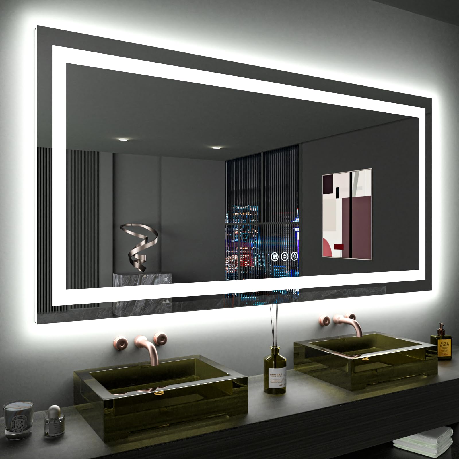 Phewnyzo  60 x 36 Inch LED Bathroom Mirror Backlit Front Lit Dimmable Anti Fog Lighted Vanity Wall Mount Memory Function Tempered Glass ETL Listed