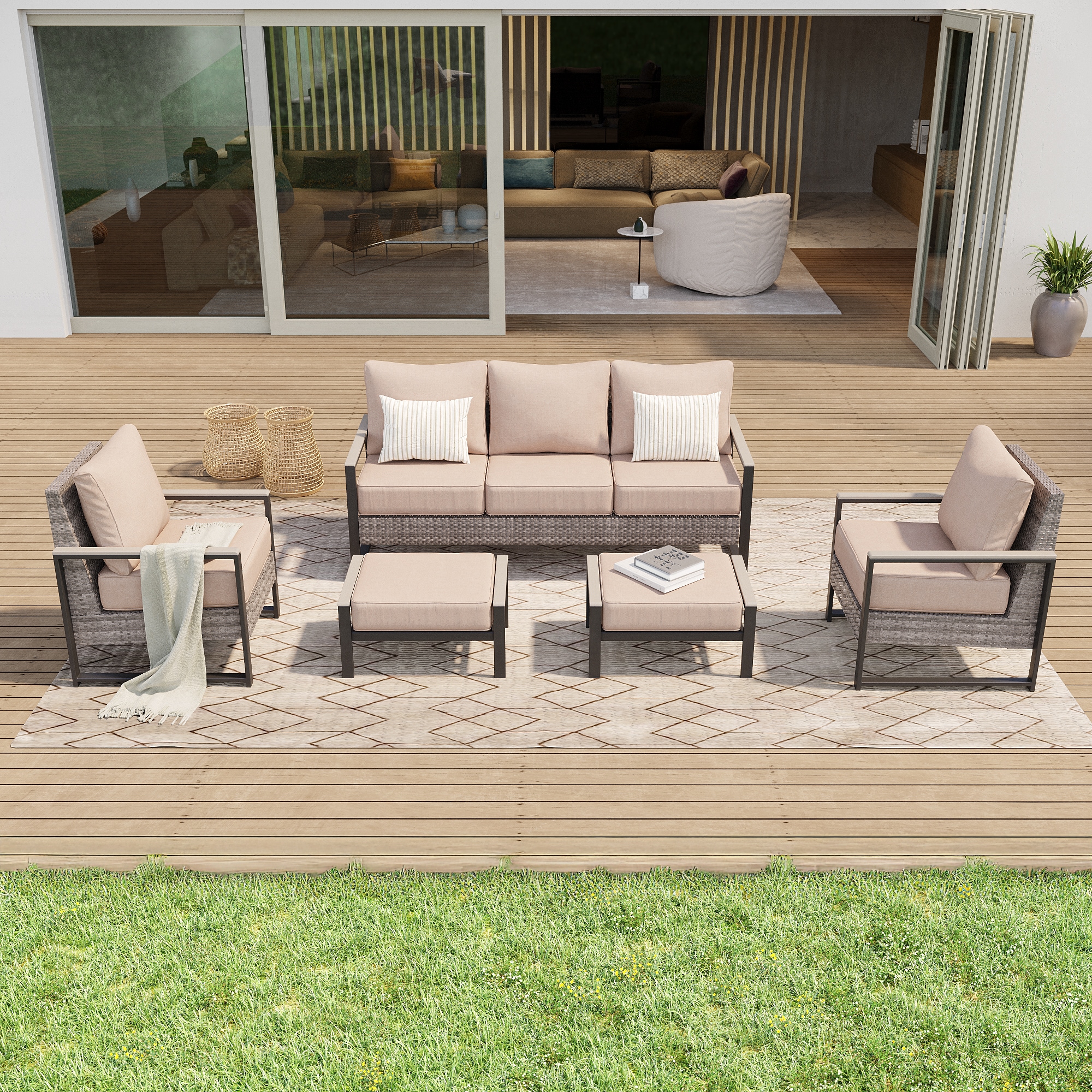 ACEGOSES LW-148HSD Skytop 5 -Piece Wicker Patio Sofa Conversation Set with Beige Cushions