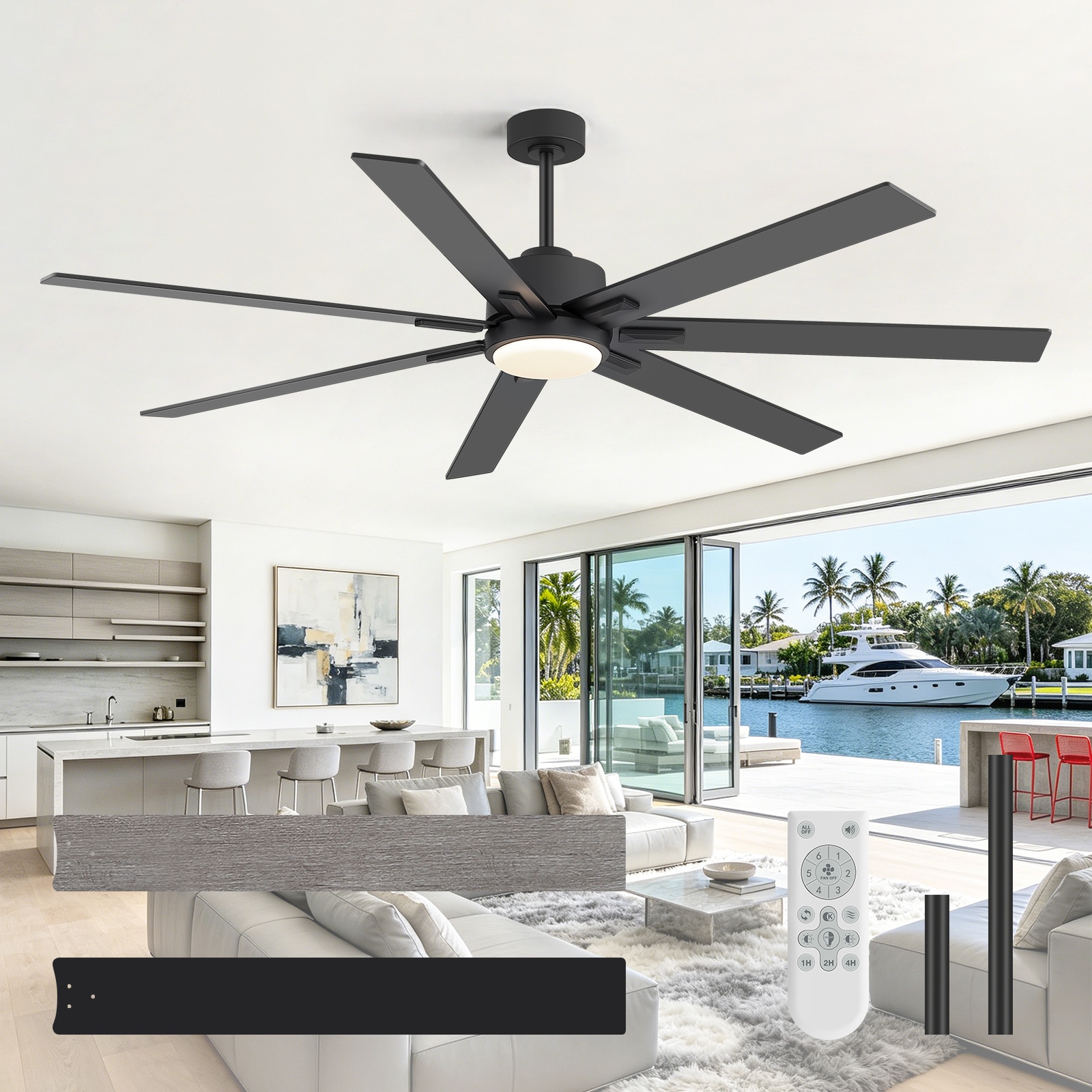 Breezary Windmill 72-in Matte Black with Black and Light Gray Wood Grain Blades LED Ceiling Fan With Light and Remote Control Included 7 -Blade