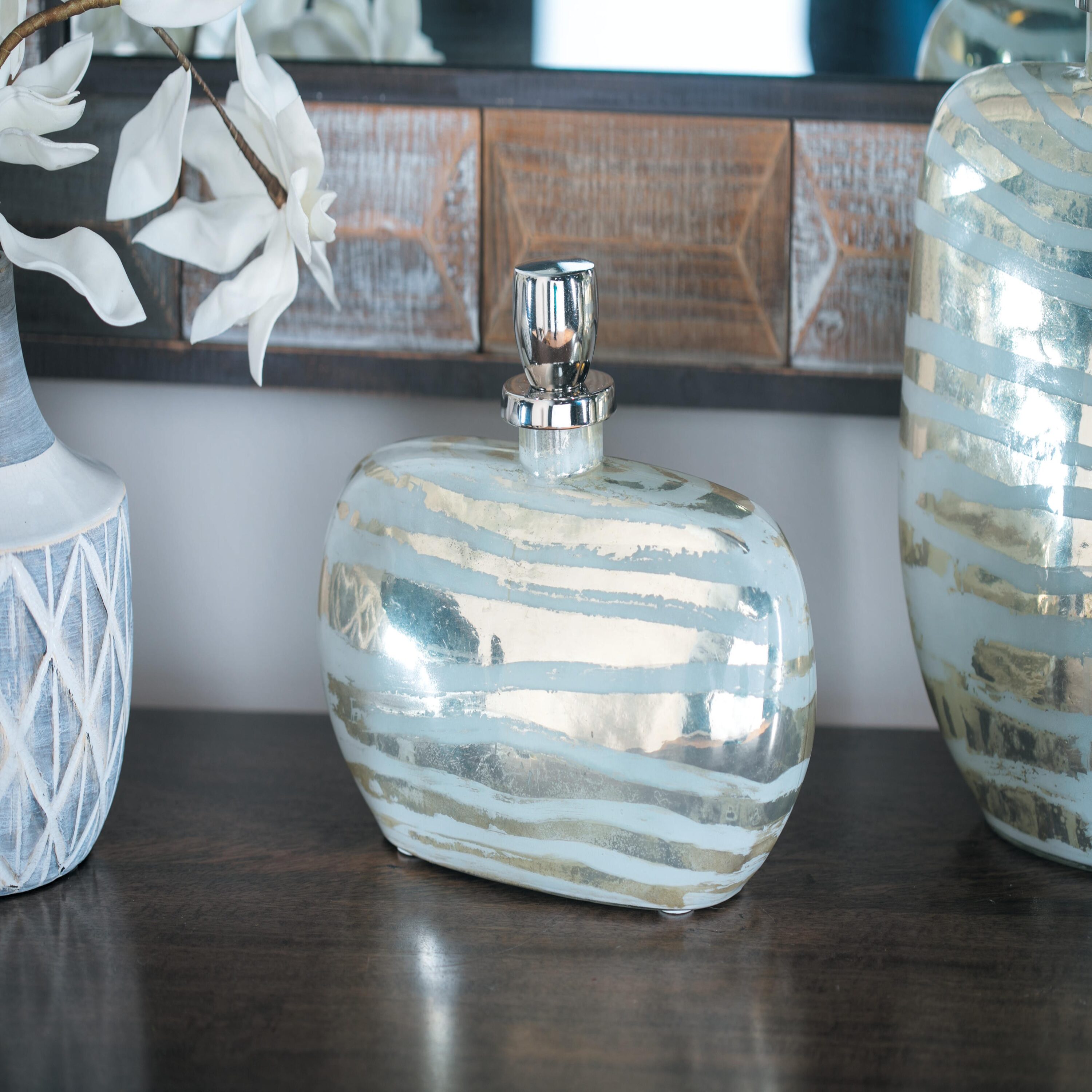 Silver Striped Glass Decorative Jar with Aluminum Stopper