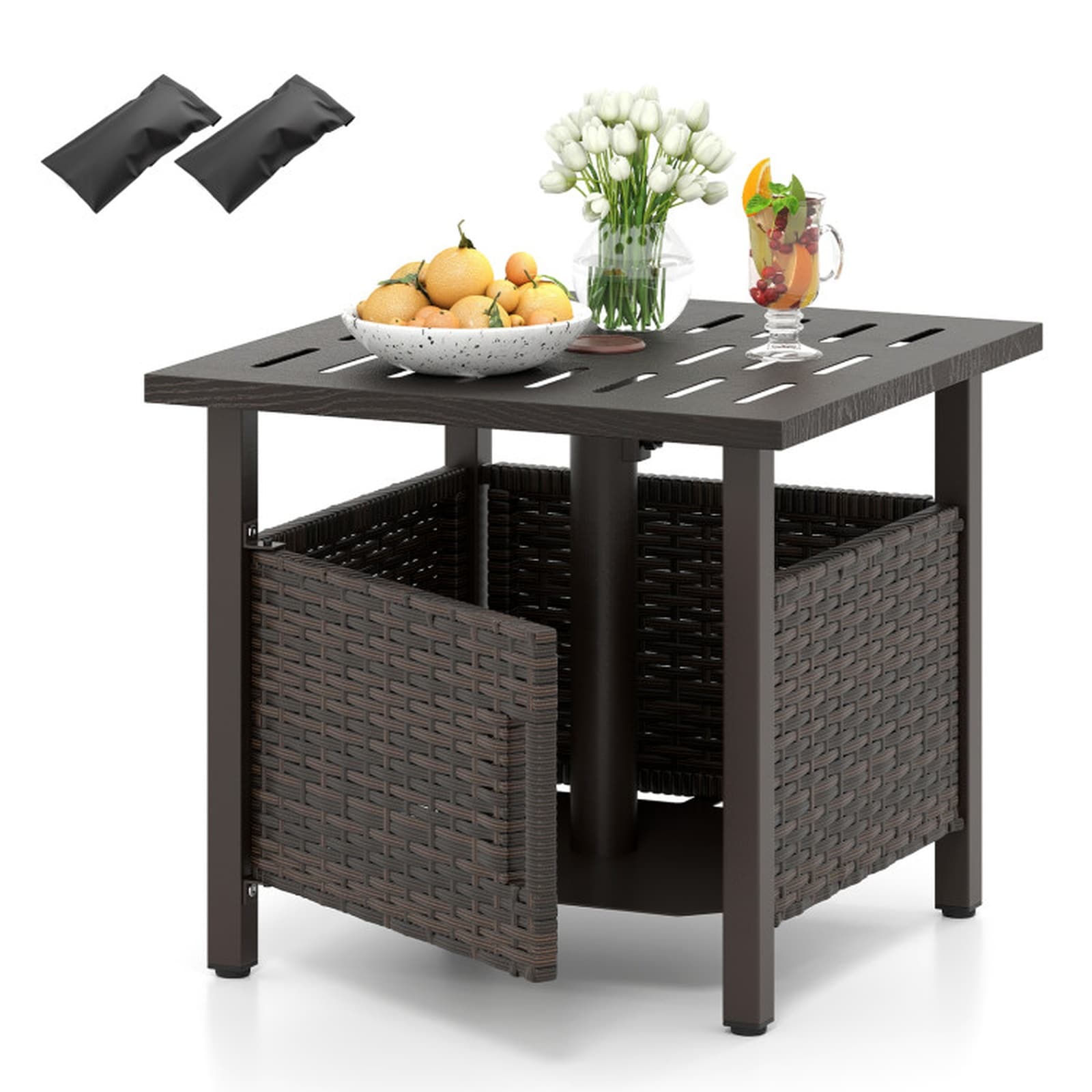 SUGIFT Outdoor Wicker Side Table 22-in Square Patio Umbrella Table with 1.93-in Umbrella Hole All Weather PE Rattan Zinc Iron Frame 265-lb Capacity Adjustable Foot Pads Wood Look Top Umbrella Not Included Brown