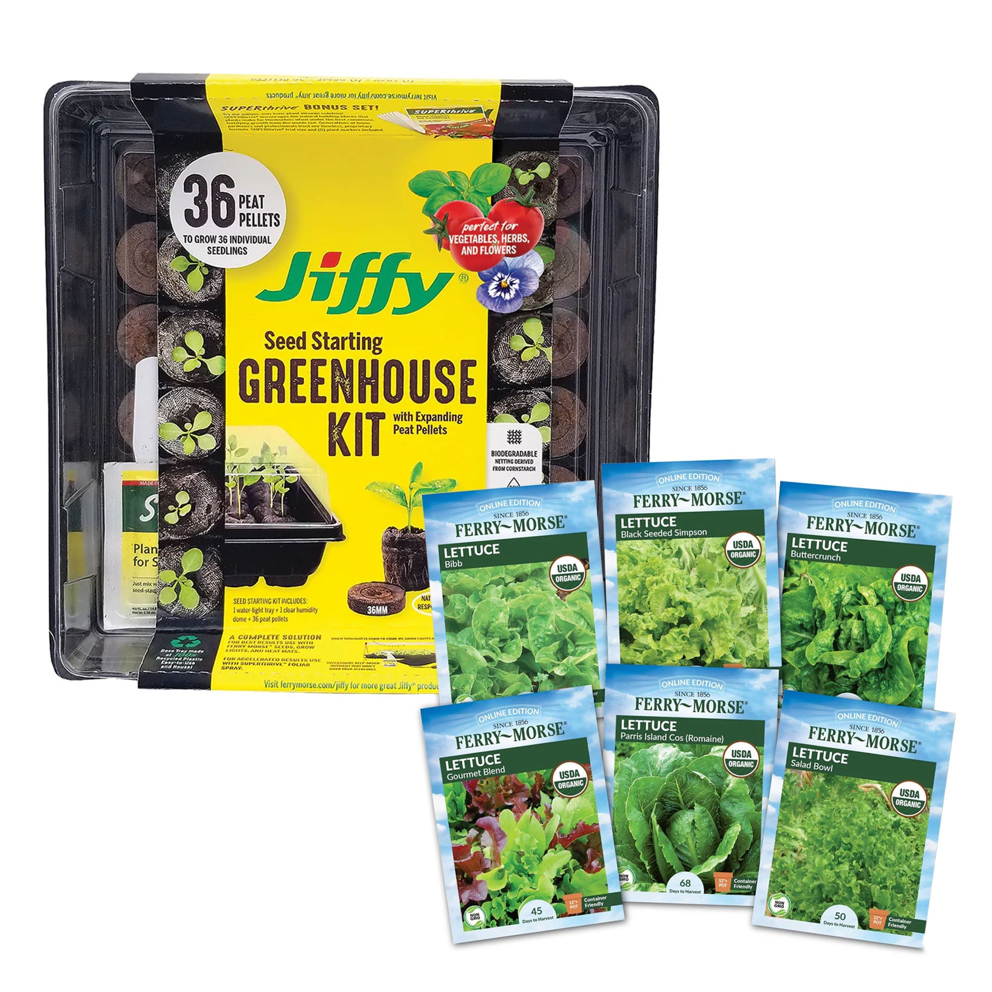 Jiffy Seed Starting Tray Kit 36 Cell 36mm Peat Pellets with Ferry Morse Cold Hardy Organic Lettuce Seed Variety Pack #J336-LETT-BNDL8