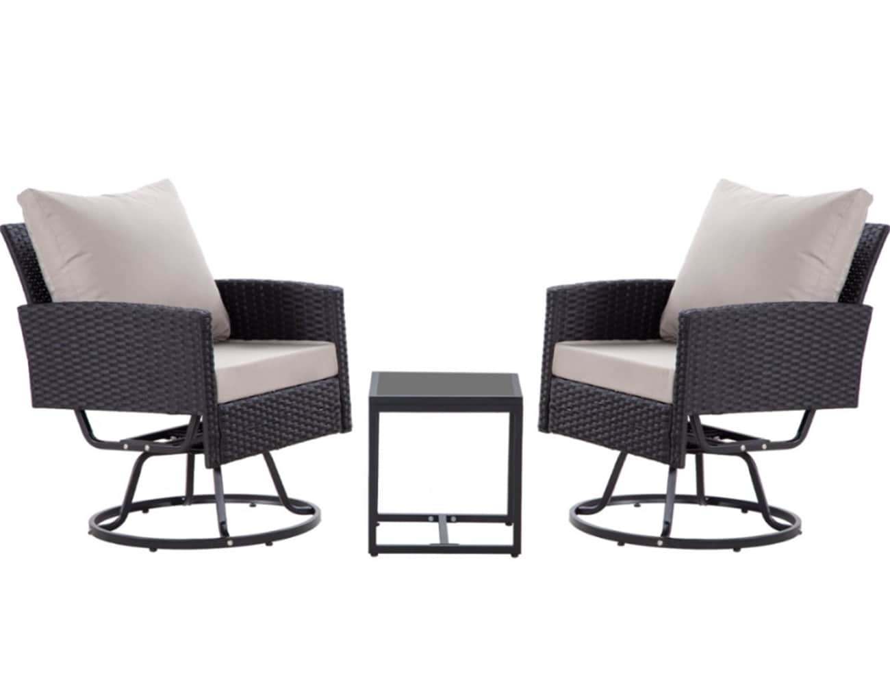 Damerin Z0116F Patio Chairs Set of 2 Rattan Black Iron Frame Stationary Conversation Chair with Gray Cushioned Seat