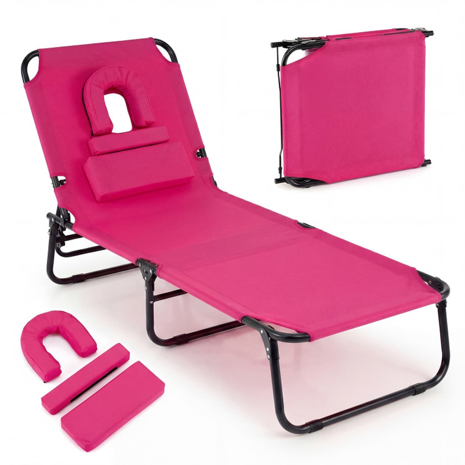 SUGIFT Pink Face Down Folding Tanning Chair with Face Hole and 3 Removable Pillows 330-lb Capacity Adjustable Backrest Girls-Trip Sunbathing Chair-Pink