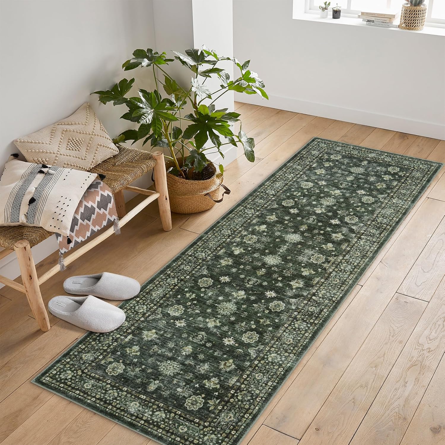 Garvee 2 x 10 ft Green Vintage Washable Area Rug for Bedroom Distressed Non Slip NonShedding Floral Soft Throw Rugs