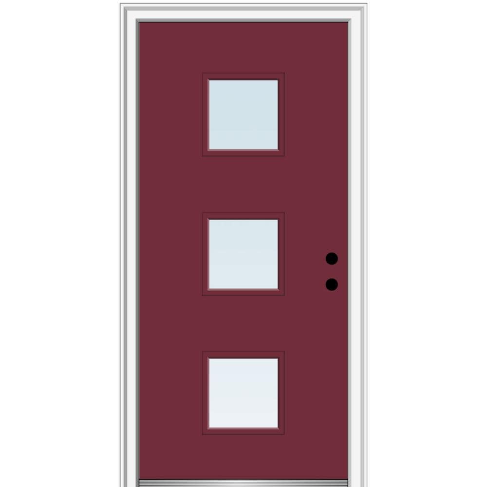 MMI DOOR ZZ346136L Spotlights 30-in x 80-in x 4-9/16-in Fiberglass Pulse lite Left-hand inswing Burgundy Painted Prehung Front Door with Brickmould Insulating core