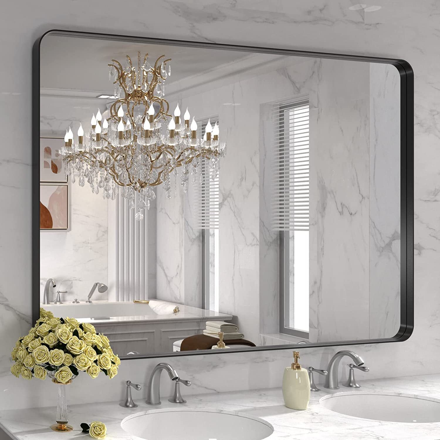 Black Bathroom Vanity Mirror for Ceiling, Ceiling Mirror | Decorative  Hanging Mirror for Wall Decor Rounded Rectangle Metal Framed Wall Mirror