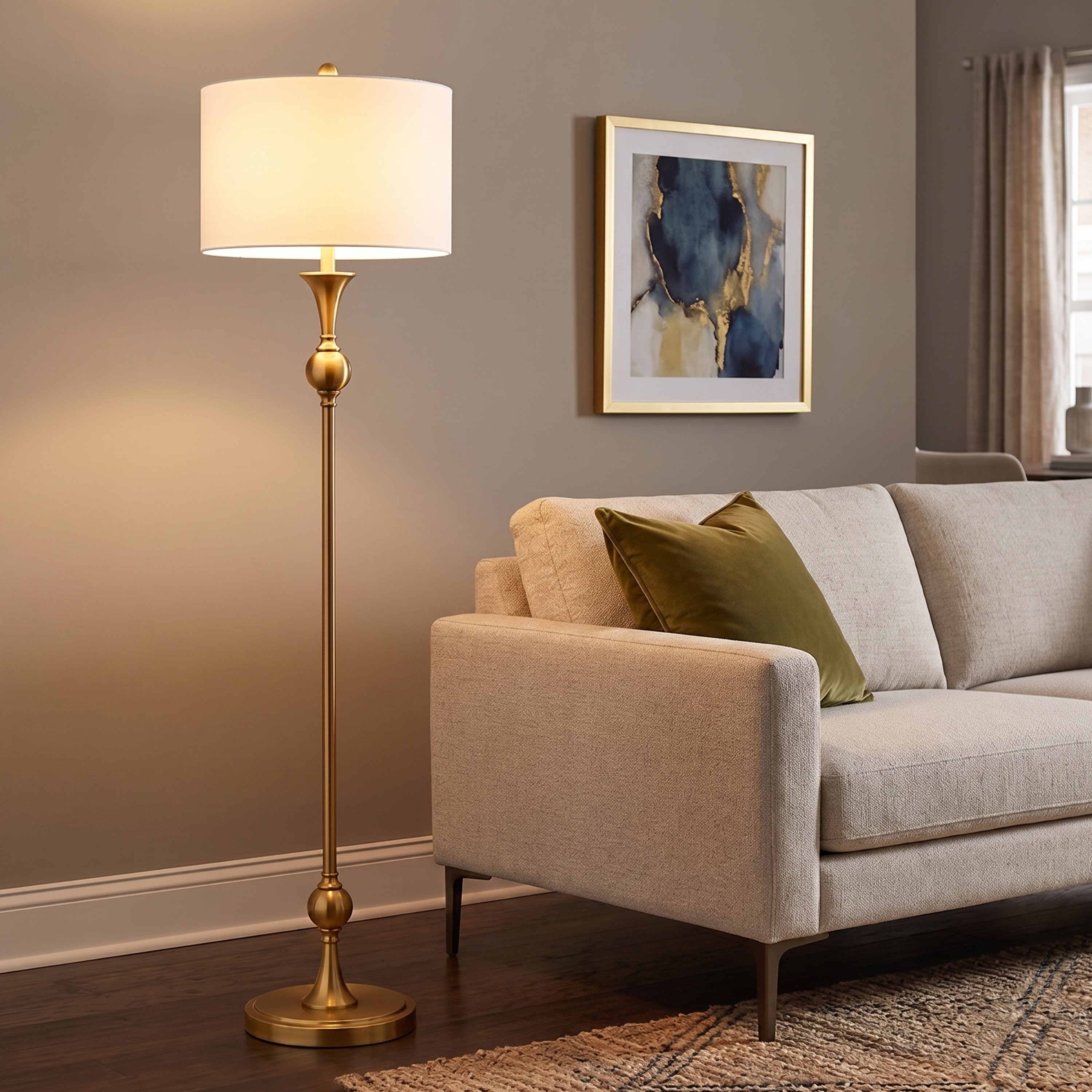 KAWOTI 60-in Brushed Gold Standard Floor Lamp with Linen Shade
