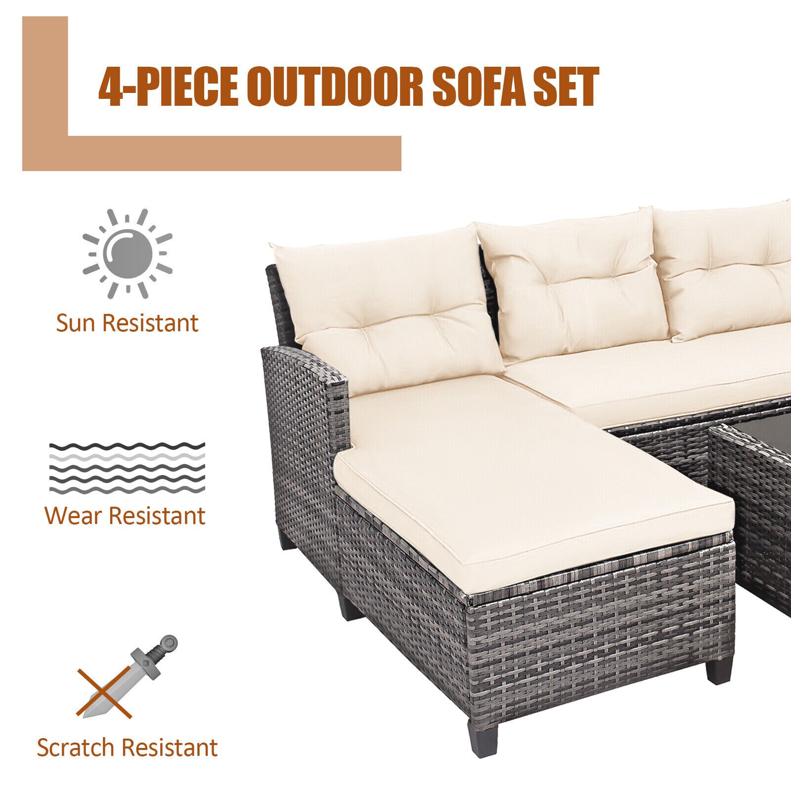 Off-White 5-Person PE Rattan Patio Furniture Set with Cushions and Glass Table