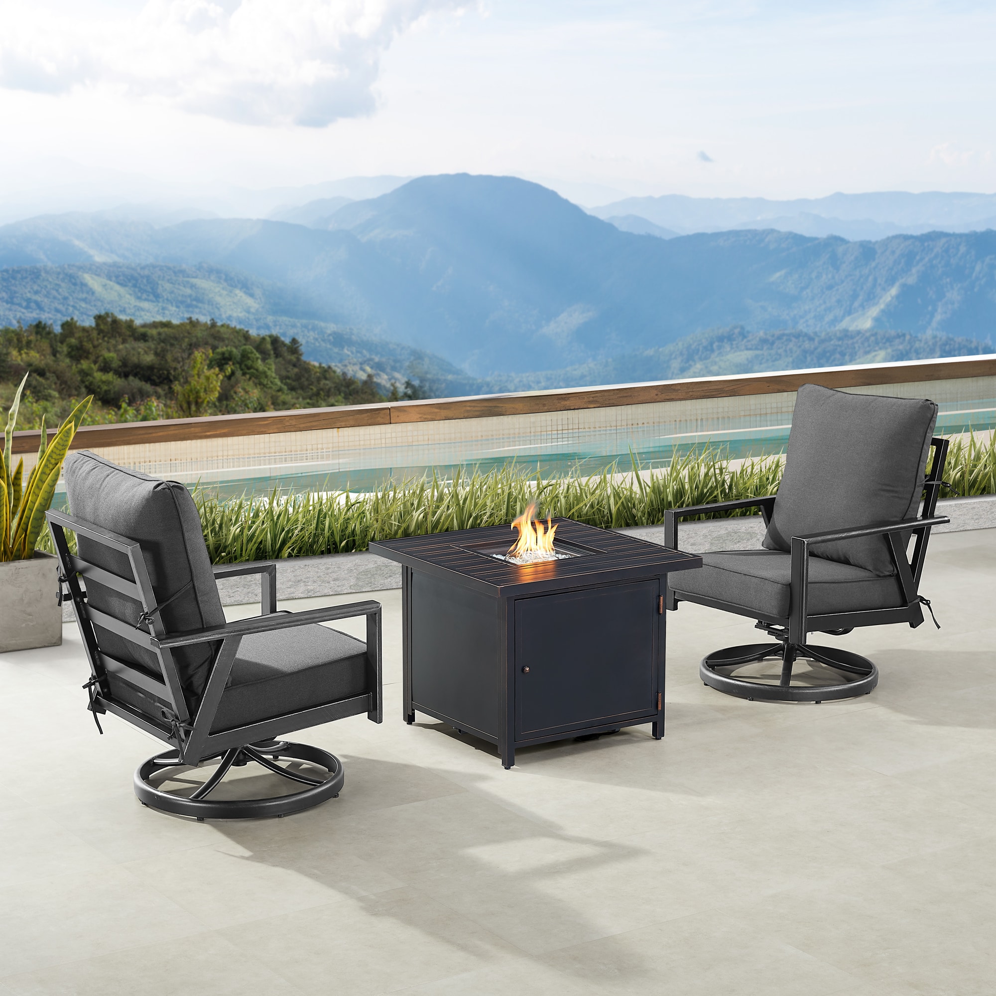Oakland Living LUX2CHCHOLULABKCUA Fire Pit Table Bistro Set, Two Lounge Chairs 7-Piece Patio Conversation Set with Black Cushions