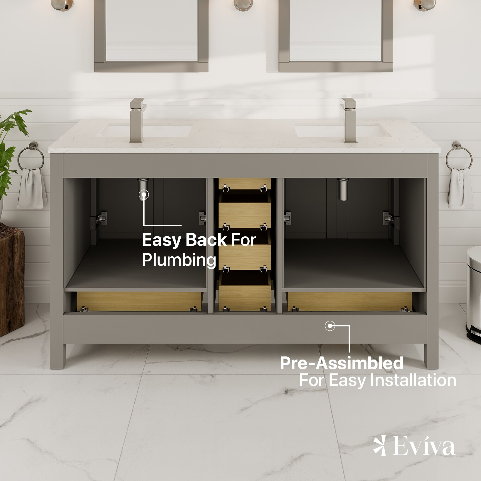 Gray Double Sink Bathroom Vanity with White Quartz Countertop