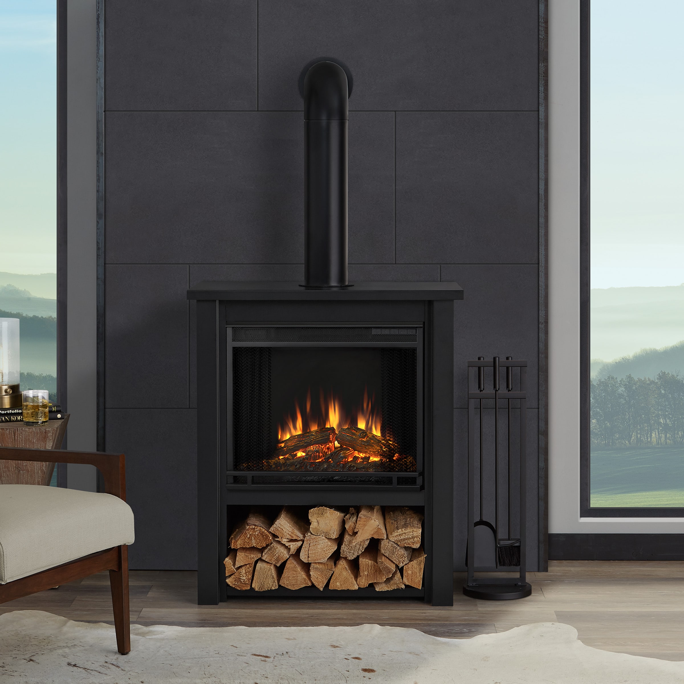 Real Flame 5005E-BK 32-Inches W Black Free standing Fan-forced Flat wall Electric Fireplace with Remote Control Included
