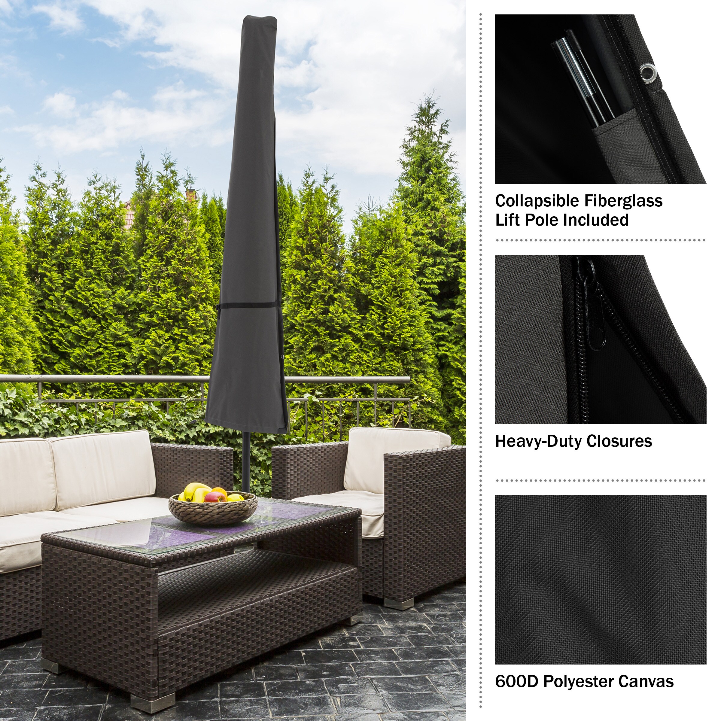 Heavy-Duty Gray Waterproof Patio Umbrella Cover with Metal Zipper