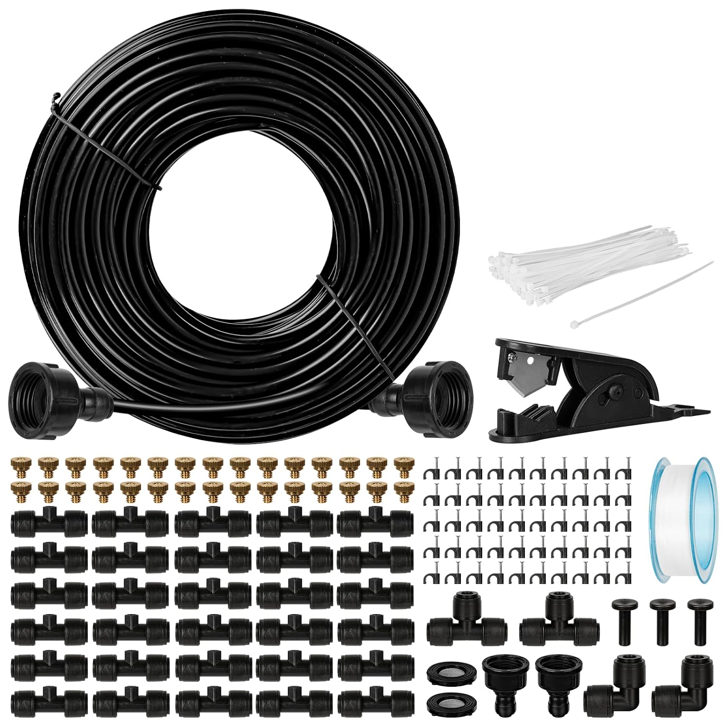 CJGQ 100 ft Outdoor Patio Misting System with 30 Brass Nozzles 3/4 in Adapter 2 T-Joints Filter and Pipe Cutter for Greenhouse Trampoline Coop and BBQ Cooling