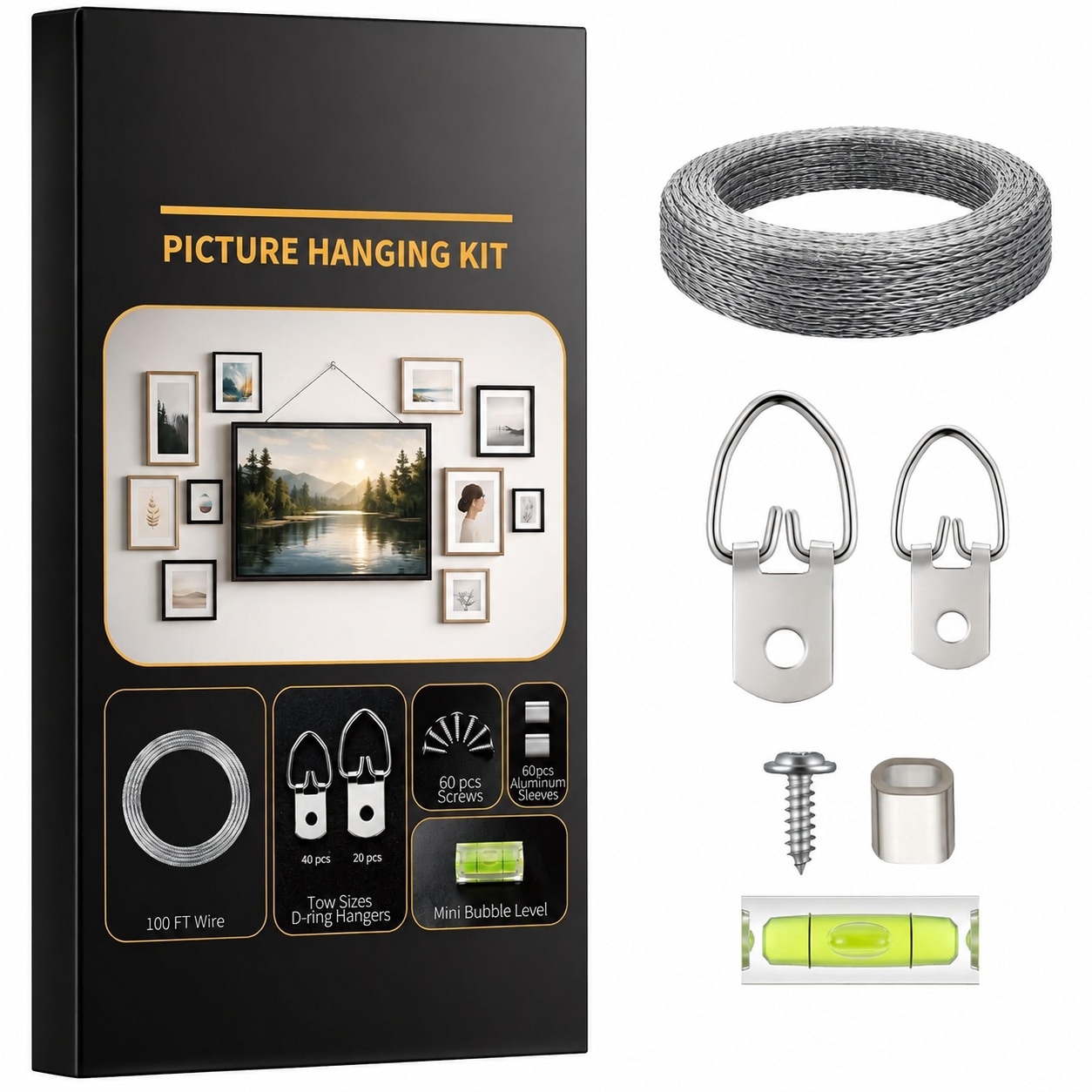 Adrinfly  Picture Hanging Wire Kit 100FT Braided Wire with D Ring Picture Hangers Screws Aluminum Crimping Sleeves and Level Wall Hanging