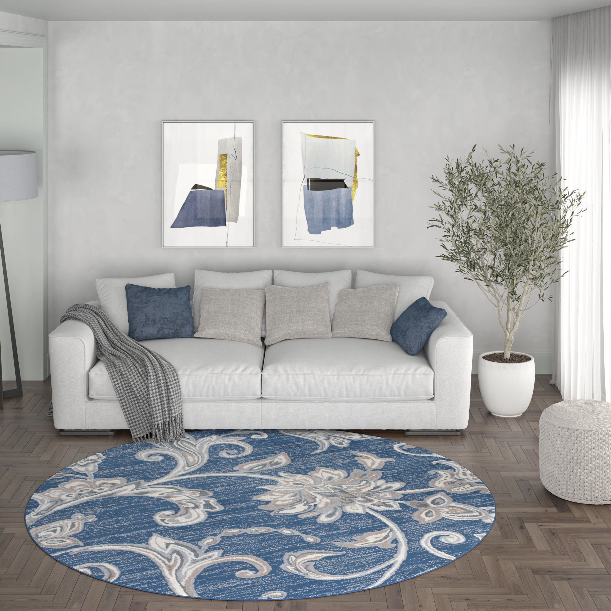 Tayse MDN3507 8RND Madison 8 x 8 (ft) Loomed Polypropylene Blue Round Indoor Floral/Botanical French Country Area rug