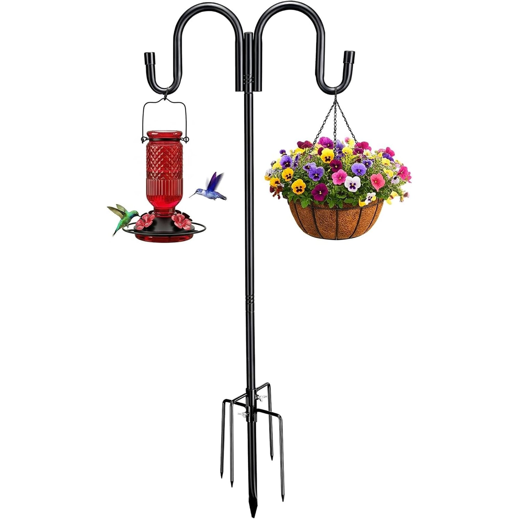 Angel Sar - 67 Inch Black Double Shepherd Hook with 5 Prong Base Adjustable Rustproof for Bird Fe...
