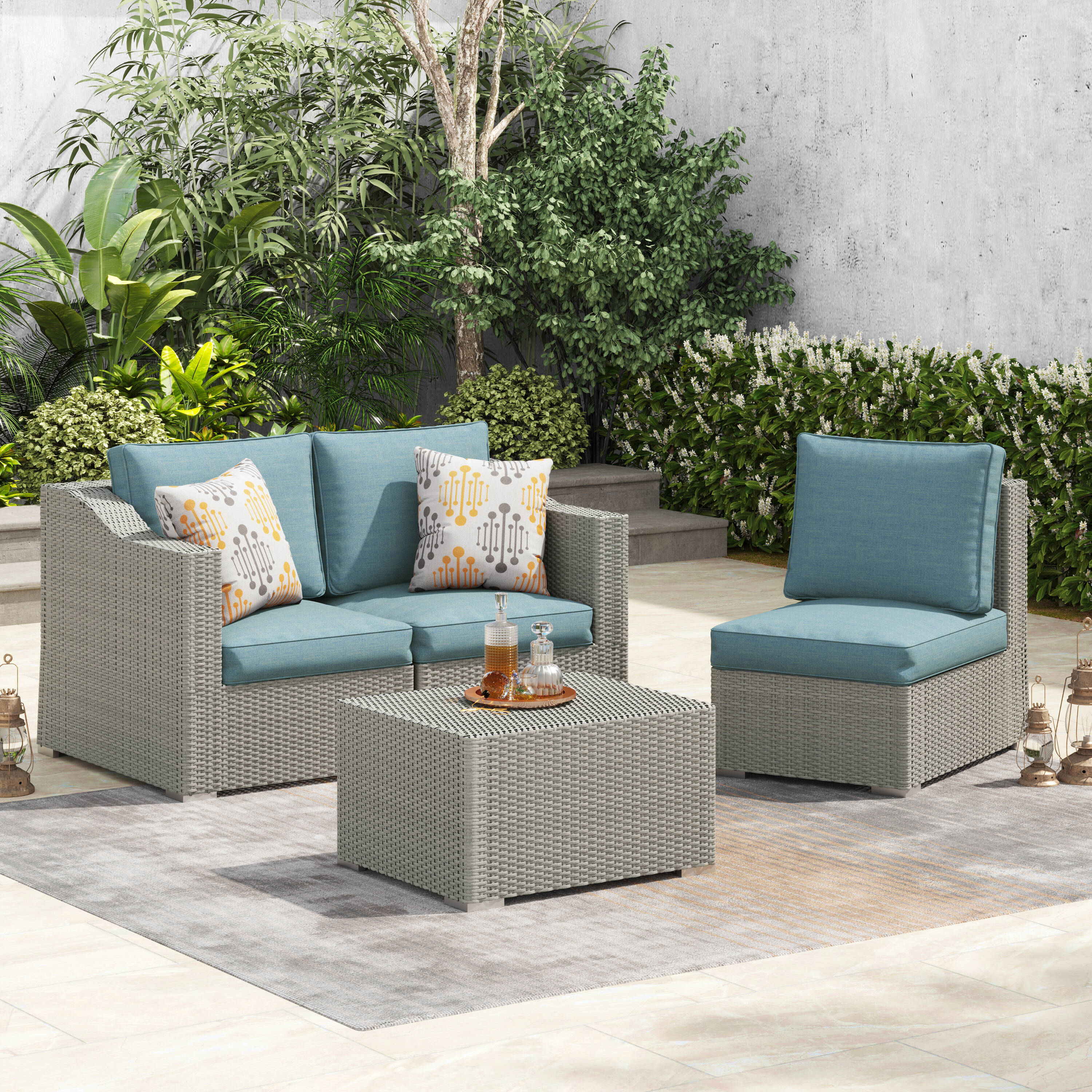 Octans Sunseeker 4-Piece Wicker Patio Conversation Set with Blue ...